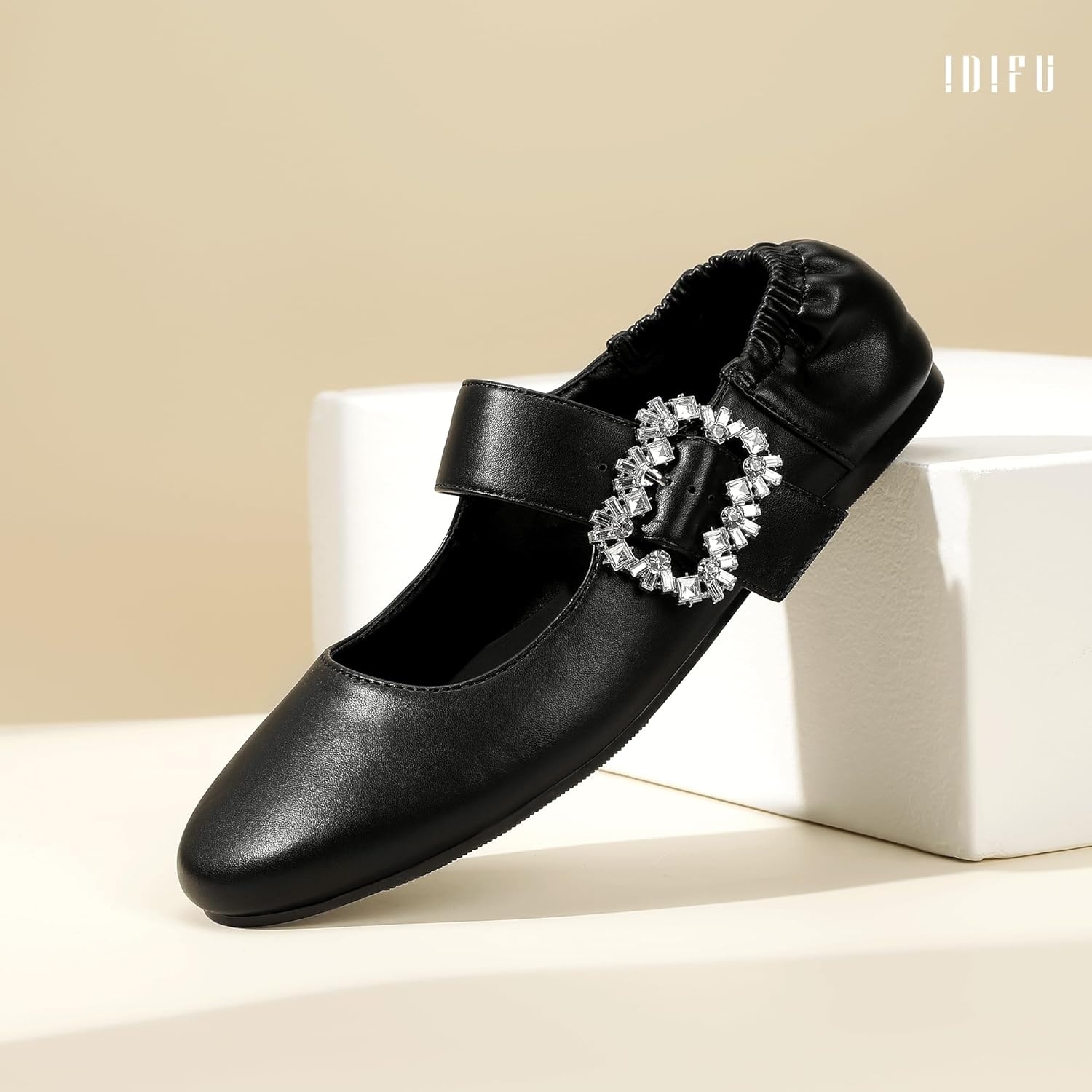 image:imageIDIFU Womens Mary Jane Ballet Flats Closed Round Toe Dress Shoes with Adjustable Rhinestone Buckle Comfortable Cute Dressy Wedding Casual Prom Bride Slip On Elastic FlatsBlack Pu