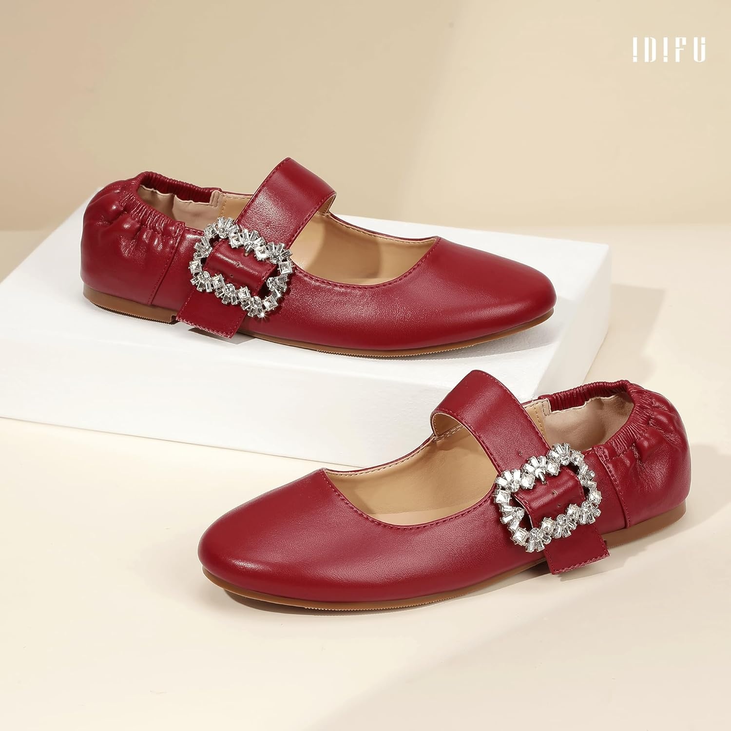 image:imageIDIFU Womens Mary Jane Ballet Flats Closed Round Toe Dress Shoes with Adjustable Rhinestone Buckle Comfortable Cute Dressy Wedding Casual Prom Bride Slip On Elastic FlatsRed Pu