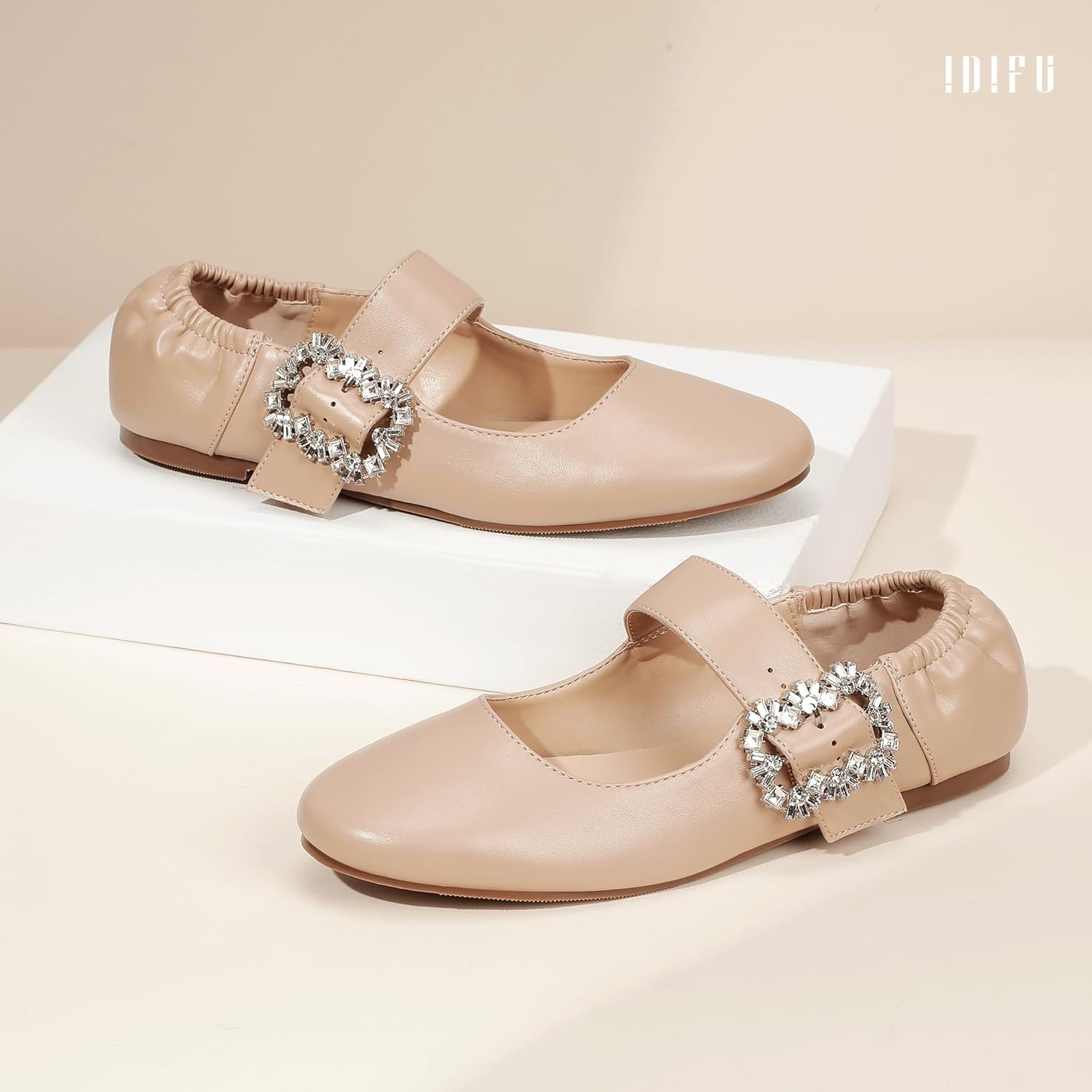 image:imageIDIFU Womens Mary Jane Ballet Flats Closed Round Toe Dress Shoes with Adjustable Rhinestone Buckle Comfortable Cute Dressy Wedding Casual Prom Bride Slip On Elastic FlatsNude Pu