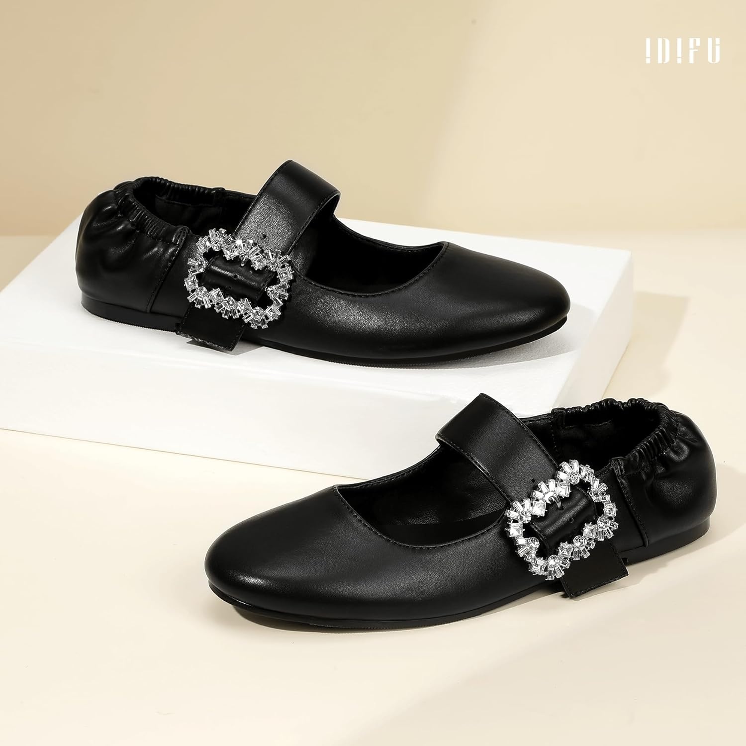 image:imageIDIFU Womens Mary Jane Ballet Flats Closed Round Toe Dress Shoes with Adjustable Rhinestone Buckle Comfortable Cute Dressy Wedding Casual Prom Bride Slip On Elastic FlatsBlack Pu