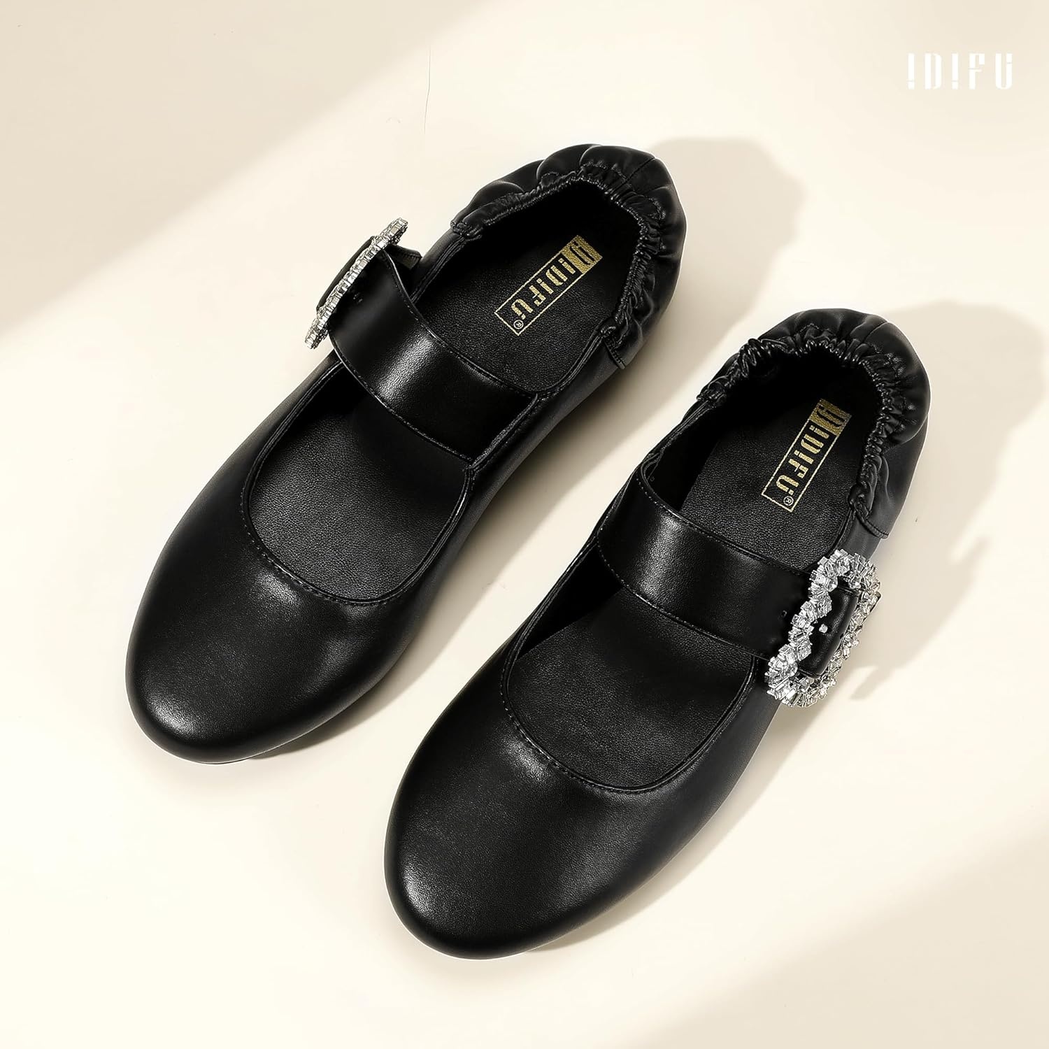 image:imageIDIFU Womens Mary Jane Ballet Flats Closed Round Toe Dress Shoes with Adjustable Rhinestone Buckle Comfortable Cute Dressy Wedding Casual Prom Bride Slip On Elastic FlatsBlack Pu