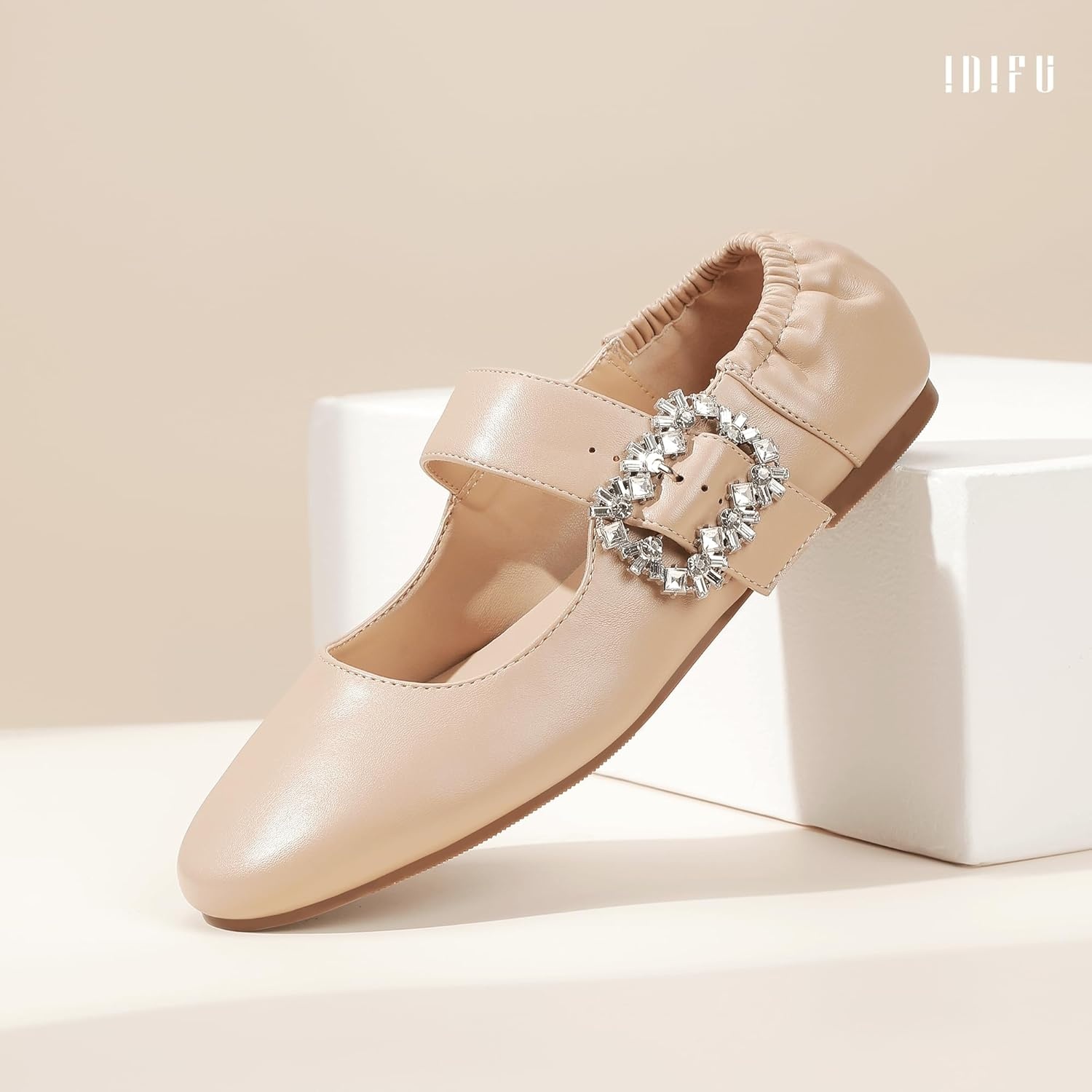 image:imageIDIFU Womens Mary Jane Ballet Flats Closed Round Toe Dress Shoes with Adjustable Rhinestone Buckle Comfortable Cute Dressy Wedding Casual Prom Bride Slip On Elastic FlatsNude Pu