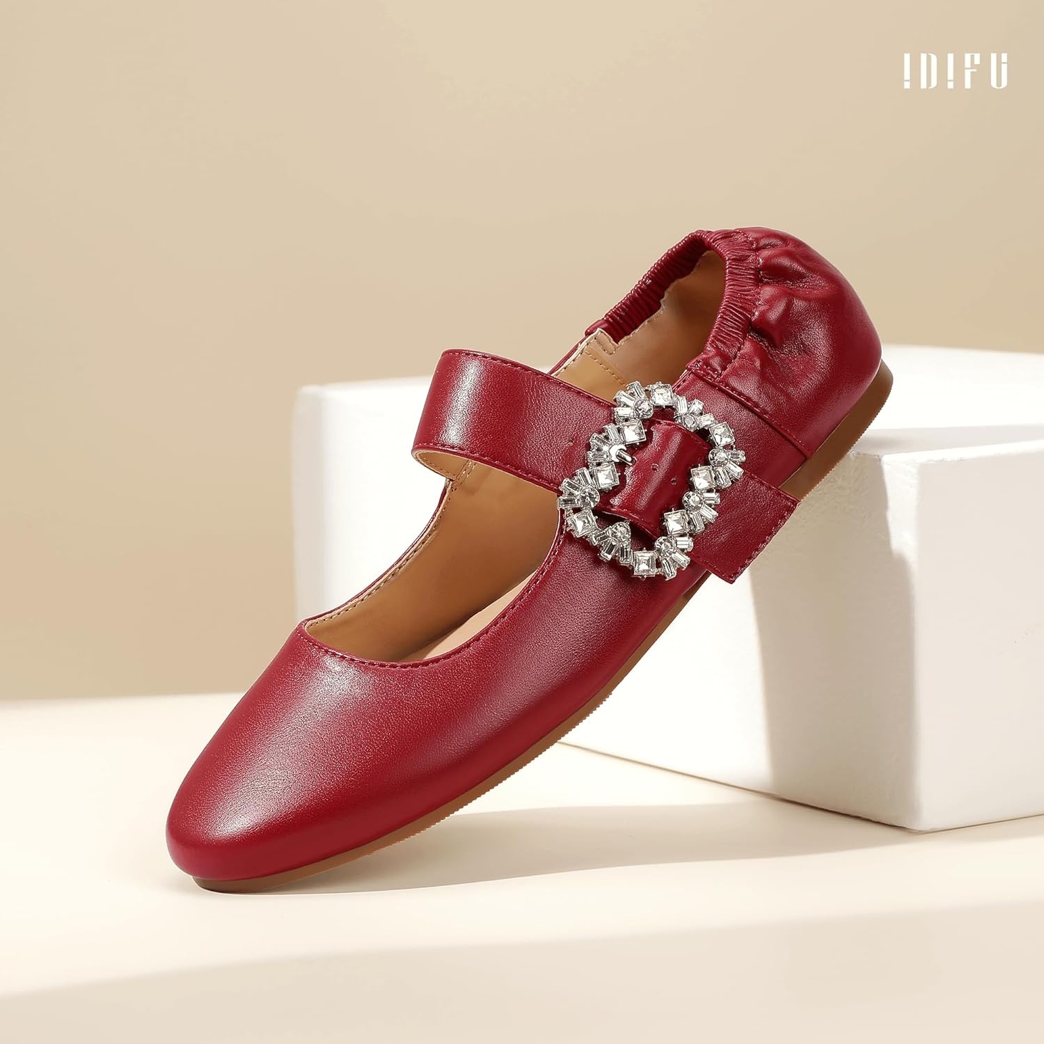 image:imageIDIFU Womens Mary Jane Ballet Flats Closed Round Toe Dress Shoes with Adjustable Rhinestone Buckle Comfortable Cute Dressy Wedding Casual Prom Bride Slip On Elastic FlatsRed Pu