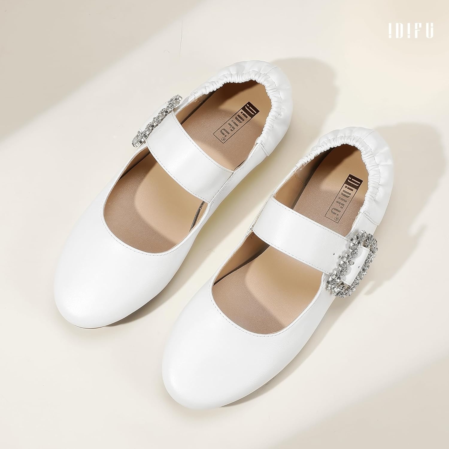 image:imageIDIFU Womens Mary Jane Ballet Flats Closed Round Toe Dress Shoes with Adjustable Rhinestone Buckle Comfortable Cute Dressy Wedding Casual Prom Bride Slip On Elastic FlatsWhite Pu