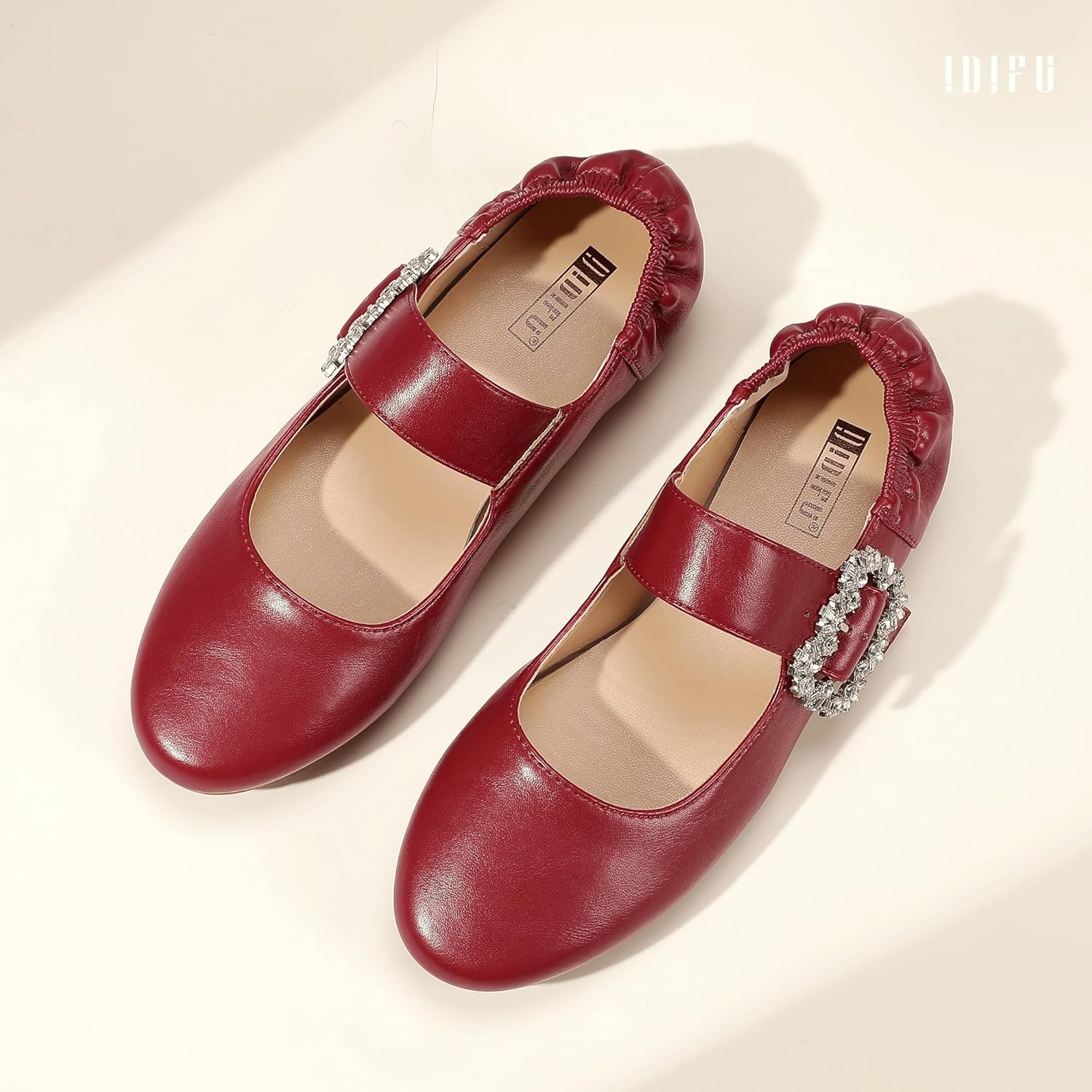 image:imageIDIFU Womens Mary Jane Ballet Flats Closed Round Toe Dress Shoes with Adjustable Rhinestone Buckle Comfortable Cute Dressy Wedding Casual Prom Bride Slip On Elastic FlatsRed Pu
