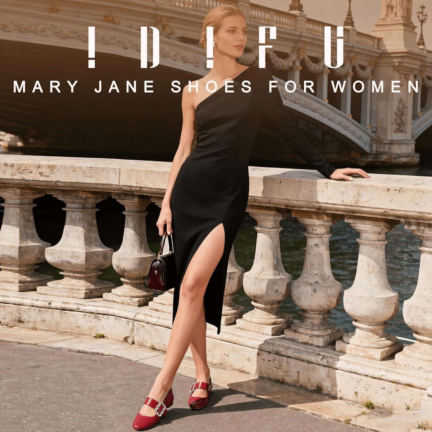 image:imageIDIFU Womens Mary Jane Ballet Flats Closed Round Toe Dress Shoes with Adjustable Rhinestone Buckle Comfortable Cute Dressy Wedding Casual Prom Bride Slip On Elastic FlatsRed Pu