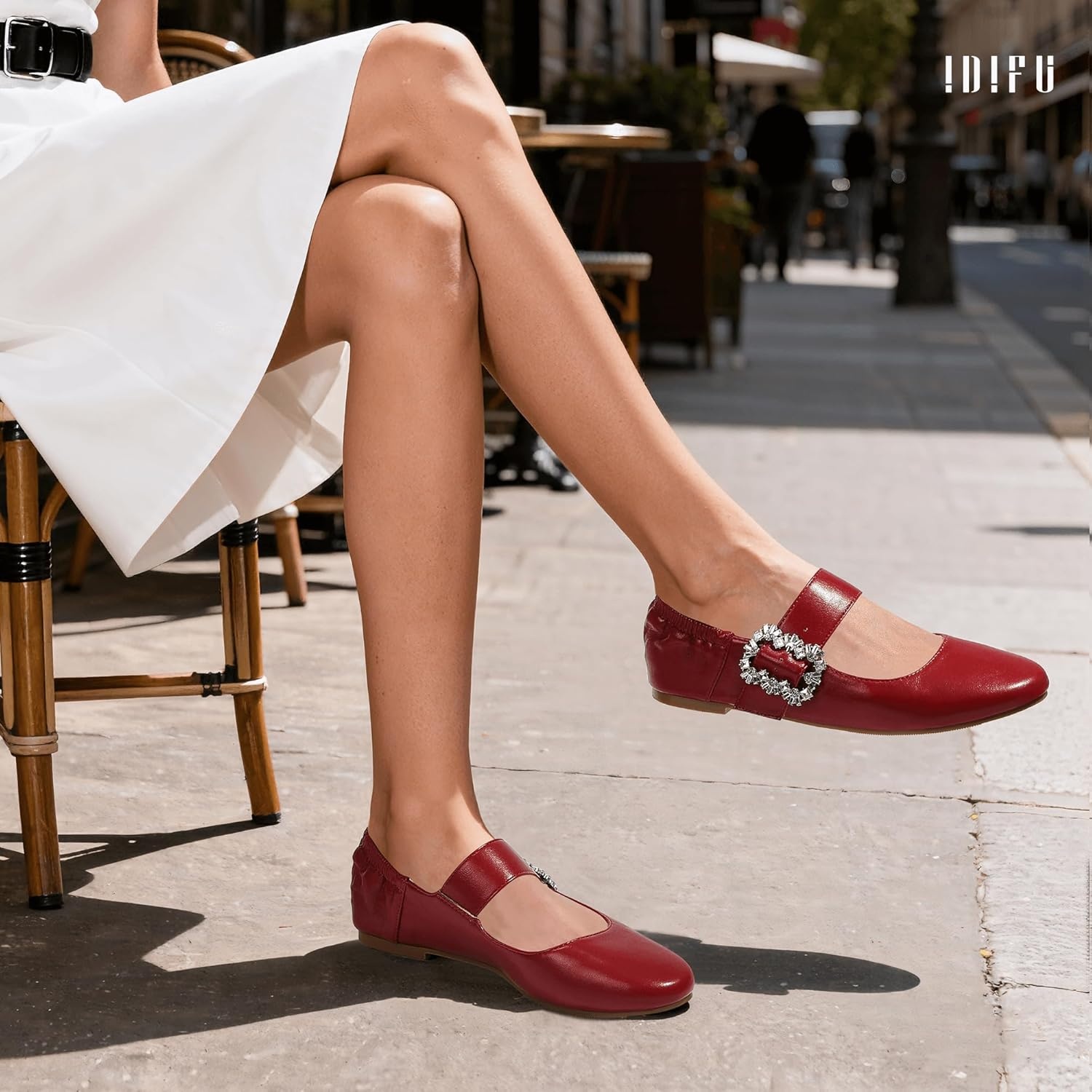 image:imageIDIFU Womens Mary Jane Ballet Flats Closed Round Toe Dress Shoes with Adjustable Rhinestone Buckle Comfortable Cute Dressy Wedding Casual Prom Bride Slip On Elastic FlatsRed Pu
