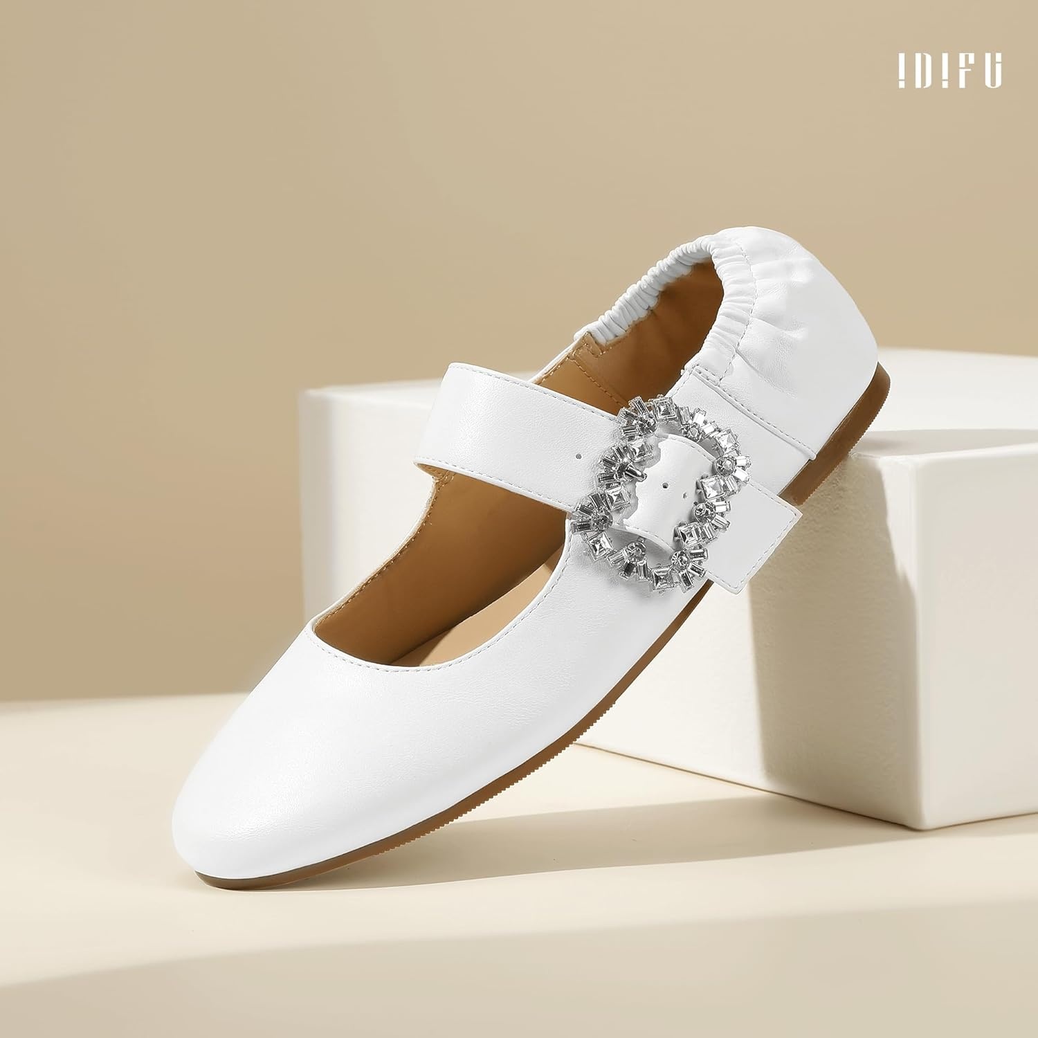 image:imageIDIFU Womens Mary Jane Ballet Flats Closed Round Toe Dress Shoes with Adjustable Rhinestone Buckle Comfortable Cute Dressy Wedding Casual Prom Bride Slip On Elastic FlatsWhite Pu