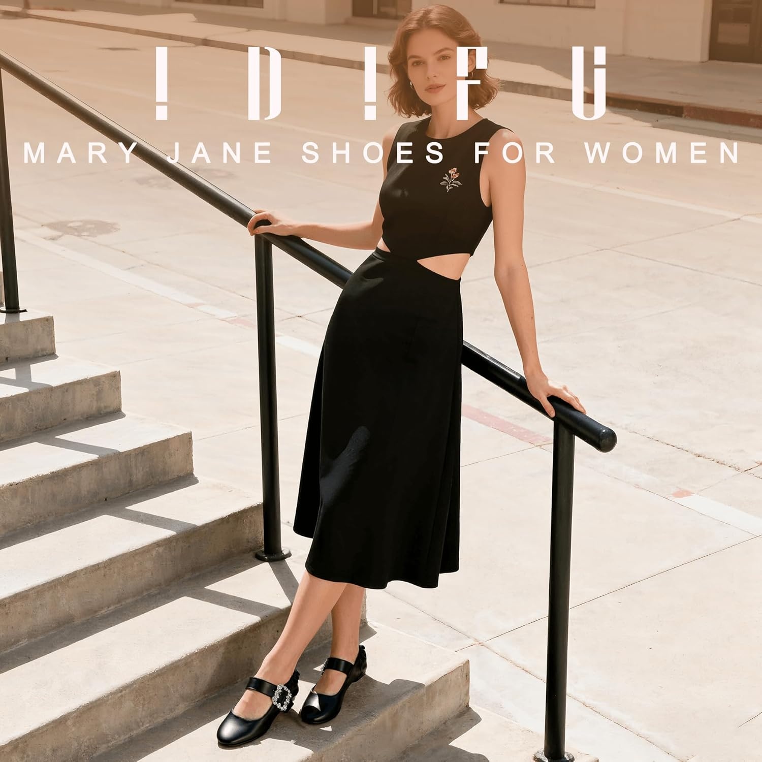 image:imageIDIFU Womens Mary Jane Ballet Flats Closed Round Toe Dress Shoes with Adjustable Rhinestone Buckle Comfortable Cute Dressy Wedding Casual Prom Bride Slip On Elastic FlatsBlack Pu