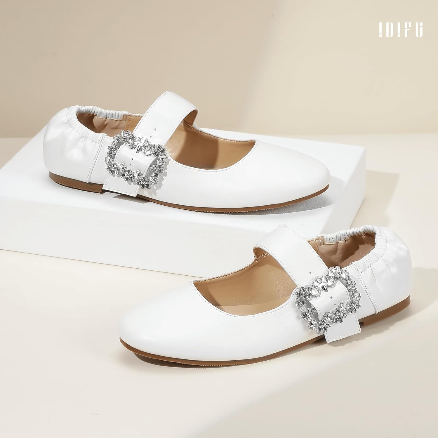 image:imageIDIFU Womens Mary Jane Ballet Flats Closed Round Toe Dress Shoes with Adjustable Rhinestone Buckle Comfortable Cute Dressy Wedding Casual Prom Bride Slip On Elastic FlatsWhite Pu