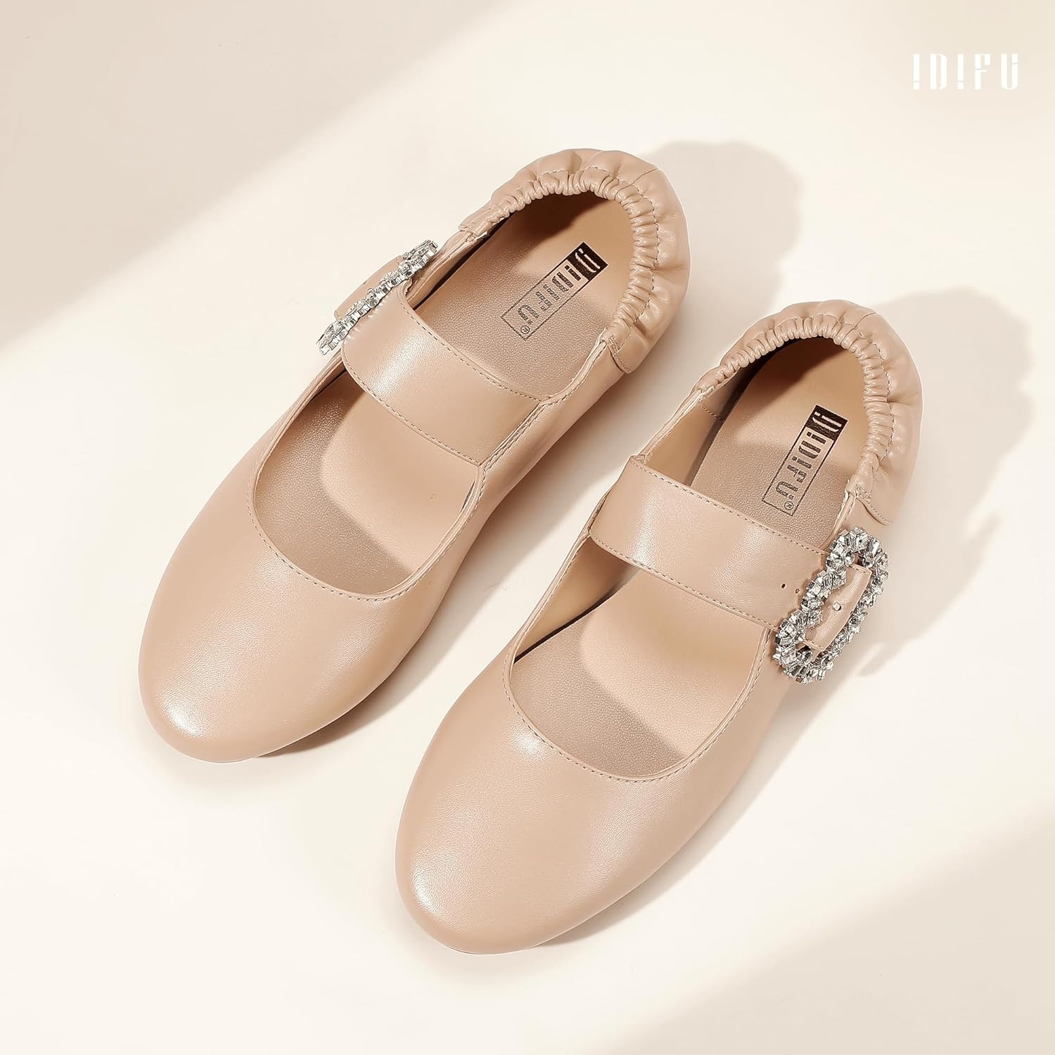 image:imageIDIFU Womens Mary Jane Ballet Flats Closed Round Toe Dress Shoes with Adjustable Rhinestone Buckle Comfortable Cute Dressy Wedding Casual Prom Bride Slip On Elastic FlatsNude Pu