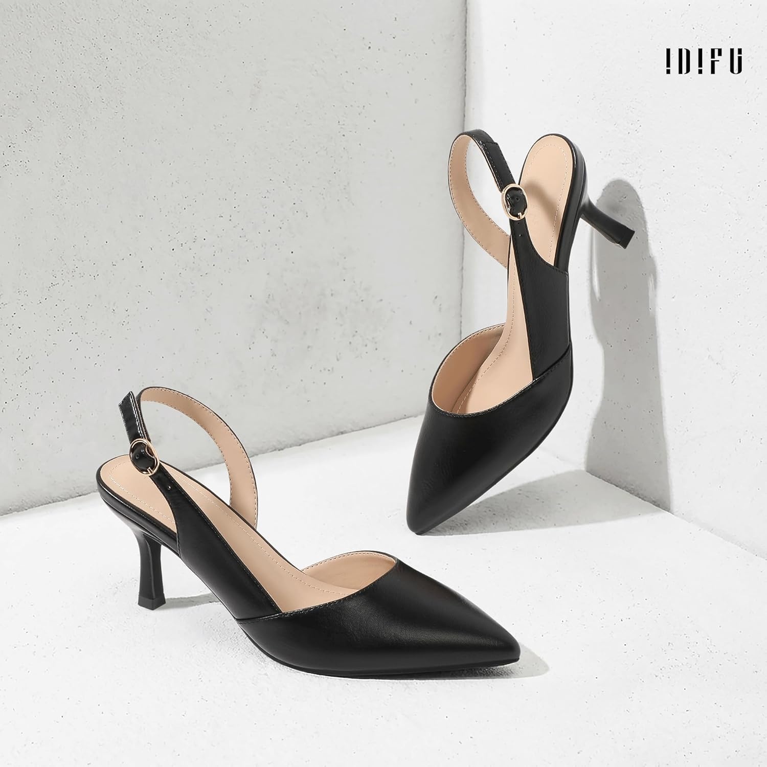 image:imageIDIFU Womens Slingback Kitten Heels Low DOrsay Pumps Closed Pointed Toe Shoes Comfy Dress Wedding Party Evening Bridal 3 Inch HeelsBlack Pu
