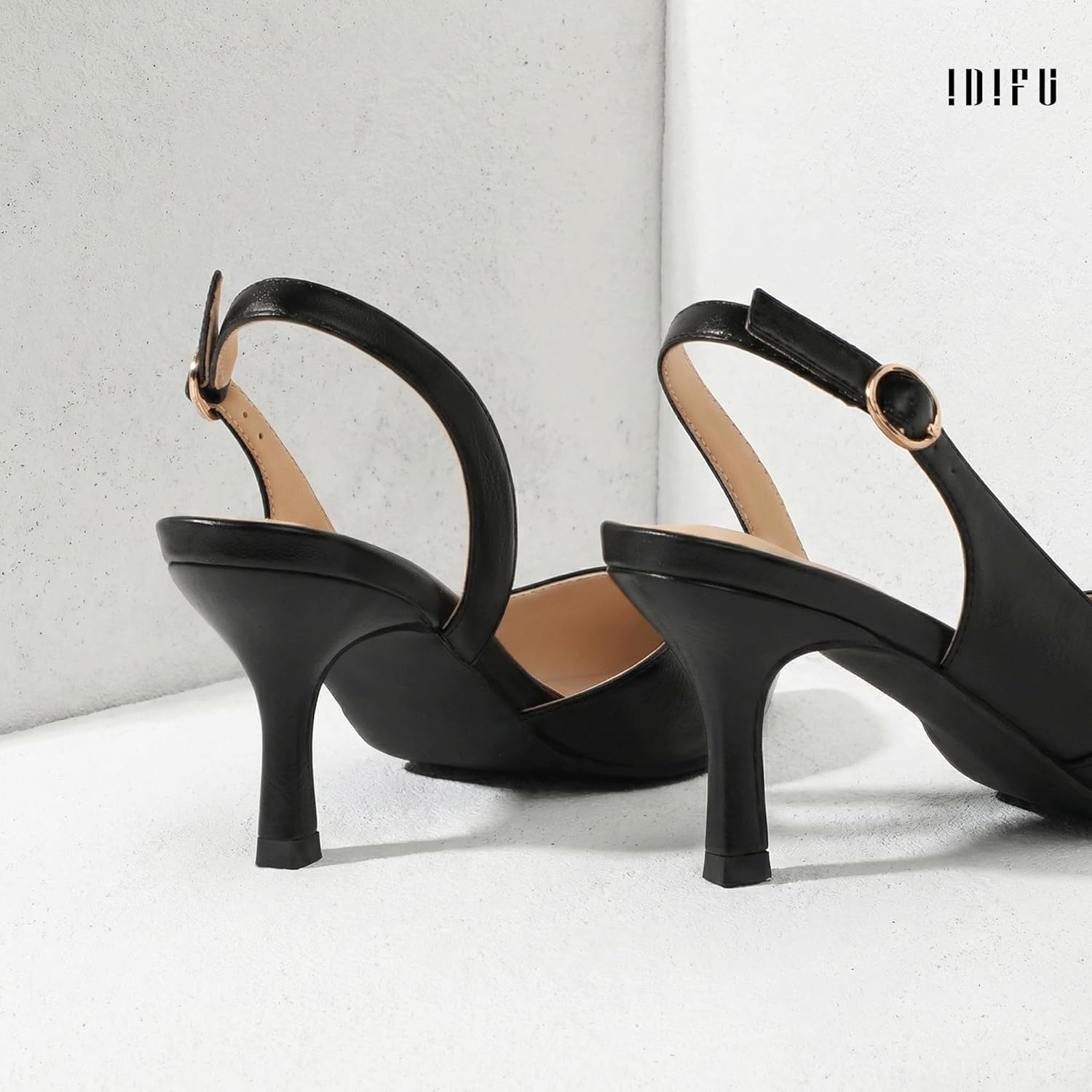 image:imageIDIFU Womens Slingback Kitten Heels Low DOrsay Pumps Closed Pointed Toe Shoes Comfy Dress Wedding Party Evening Bridal 3 Inch HeelsBlack Pu