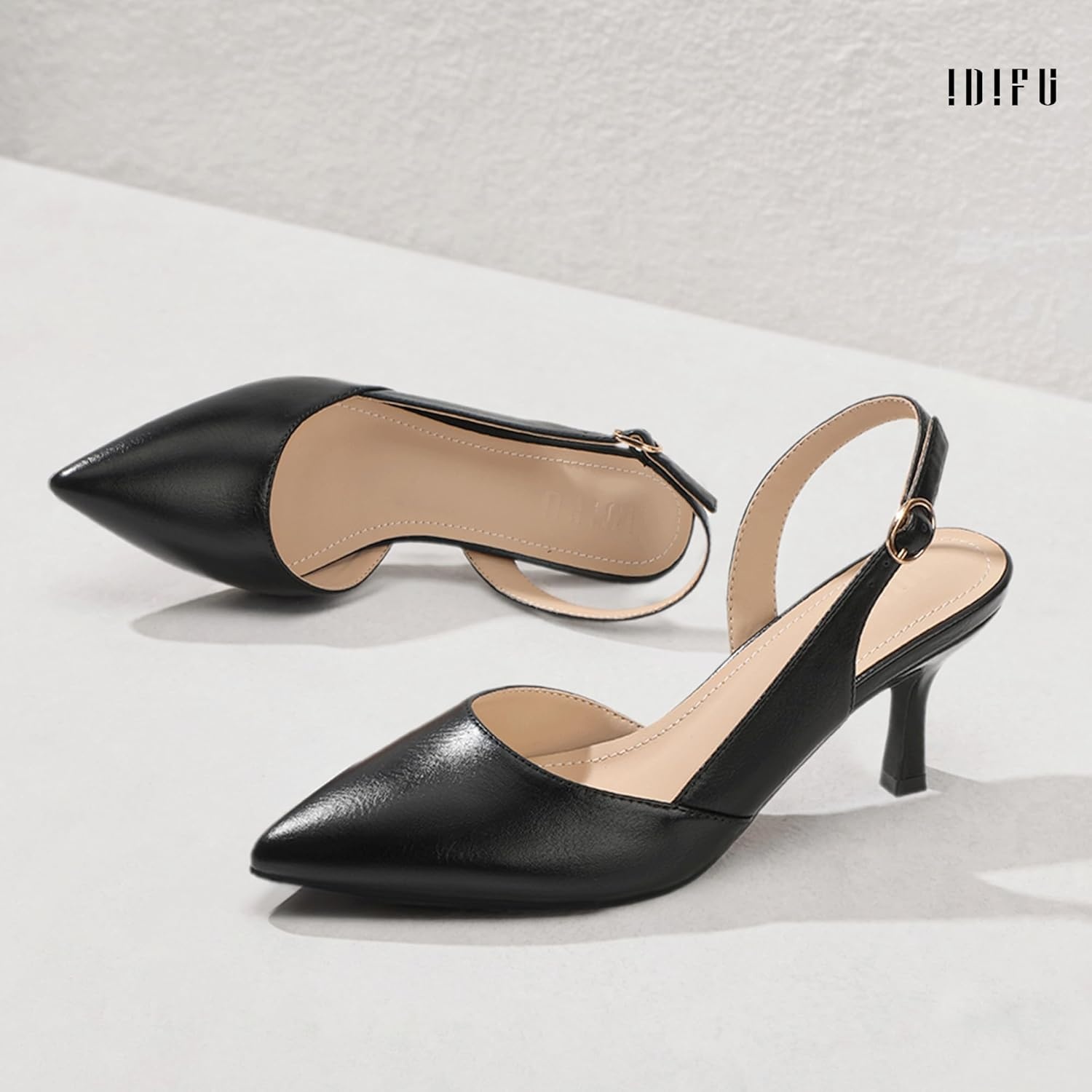 image:imageIDIFU Womens Slingback Kitten Heels Low DOrsay Pumps Closed Pointed Toe Shoes Comfy Dress Wedding Party Evening Bridal 3 Inch HeelsBlack Pu