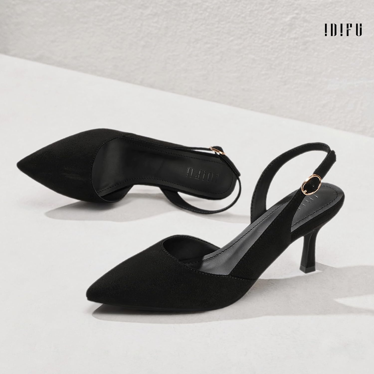 image:imageIDIFU Womens Slingback Kitten Heels Low DOrsay Pumps Closed Pointed Toe Shoes Comfy Dress Wedding Party Evening Bridal 3 Inch HeelsBlack Suede