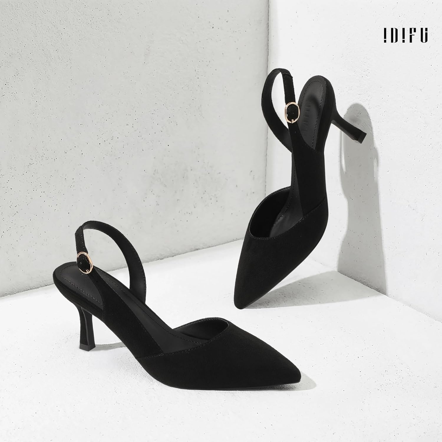 image:imageIDIFU Womens Slingback Kitten Heels Low DOrsay Pumps Closed Pointed Toe Shoes Comfy Dress Wedding Party Evening Bridal 3 Inch HeelsBlack Suede