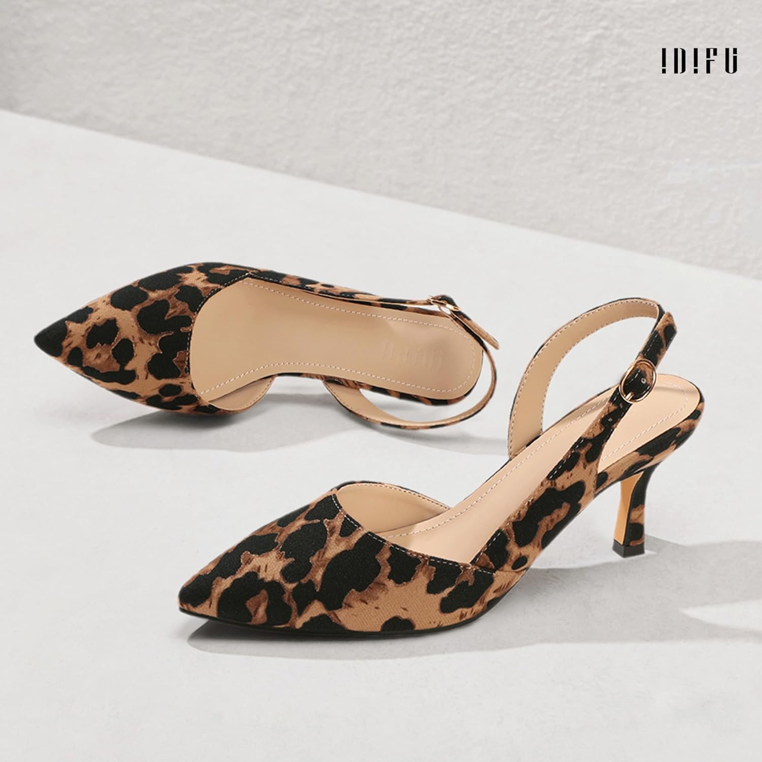 image:imageIDIFU Womens Slingback Kitten Heels Low DOrsay Pumps Closed Pointed Toe Shoes Comfy Dress Wedding Party Evening Bridal 3 Inch HeelsLeopard Suede