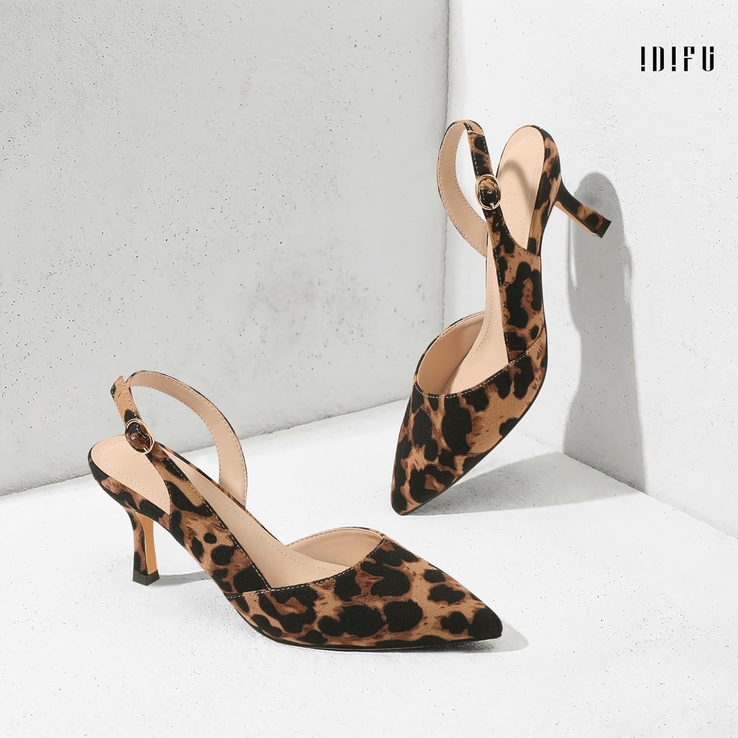 image:imageIDIFU Womens Slingback Kitten Heels Low DOrsay Pumps Closed Pointed Toe Shoes Comfy Dress Wedding Party Evening Bridal 3 Inch HeelsLeopard Suede
