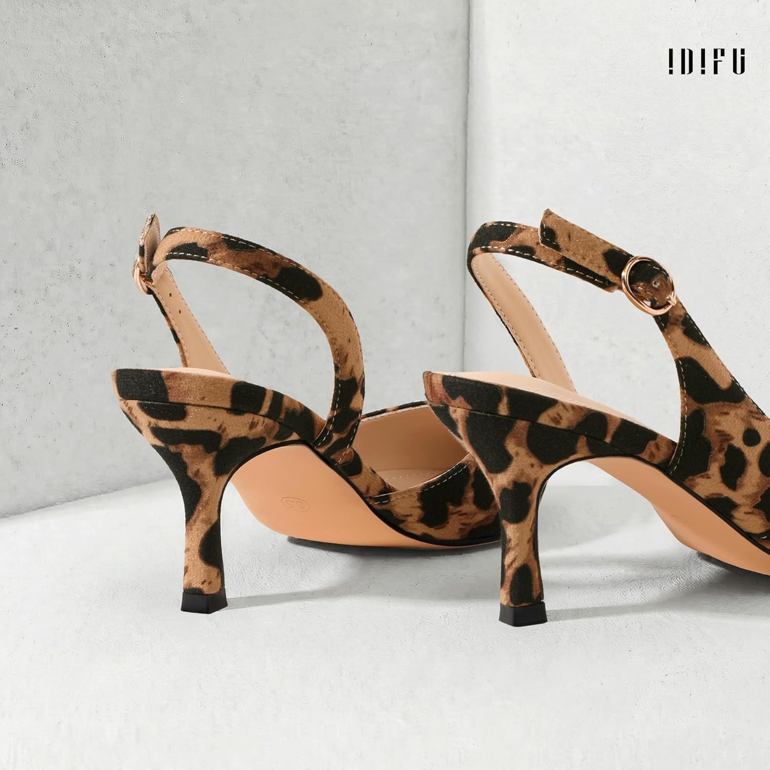 image:imageIDIFU Womens Slingback Kitten Heels Low DOrsay Pumps Closed Pointed Toe Shoes Comfy Dress Wedding Party Evening Bridal 3 Inch HeelsLeopard Suede
