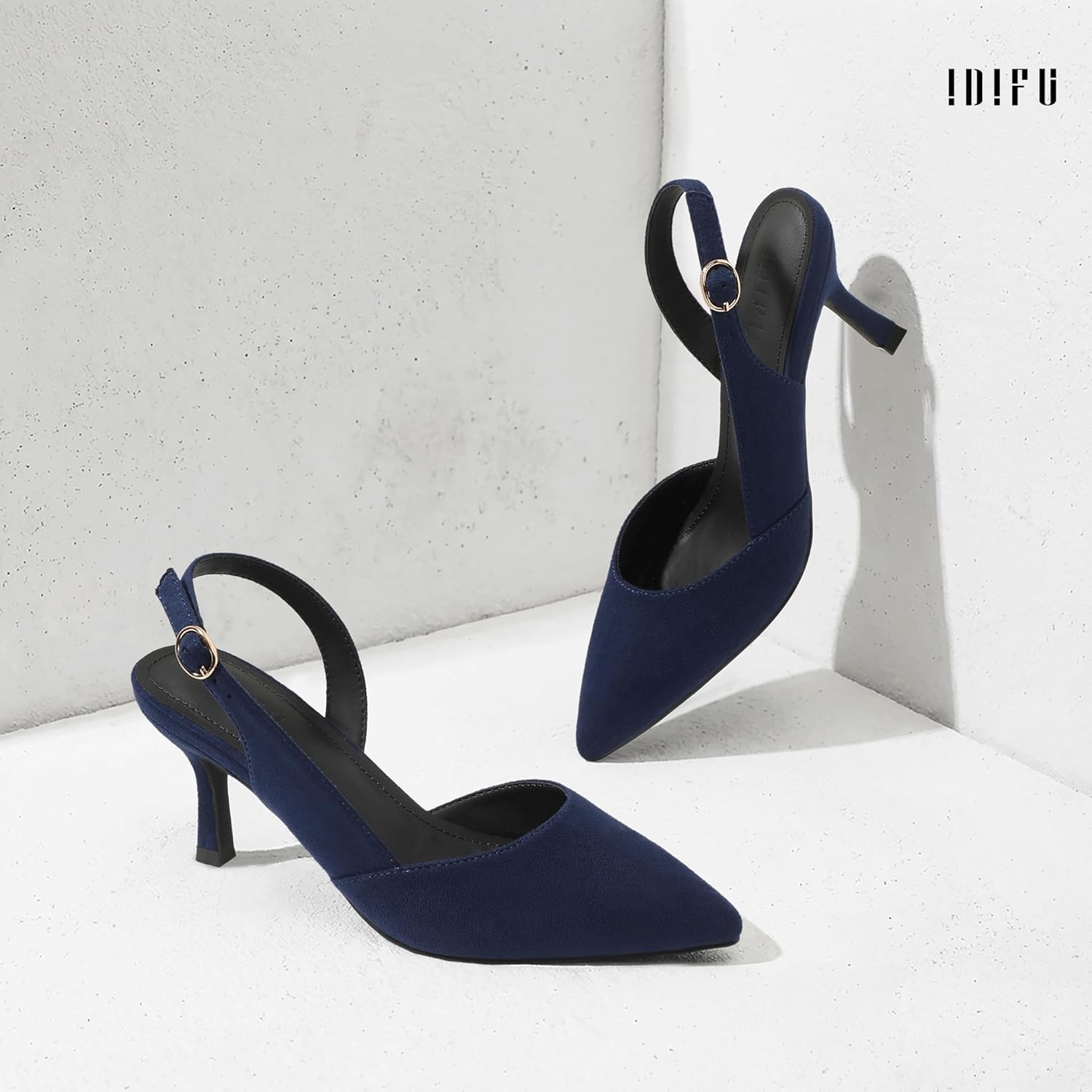 image:imageIDIFU Womens Slingback Kitten Heels Low DOrsay Pumps Closed Pointed Toe Shoes Comfy Dress Wedding Party Evening Bridal 3 Inch HeelsNavy Suede