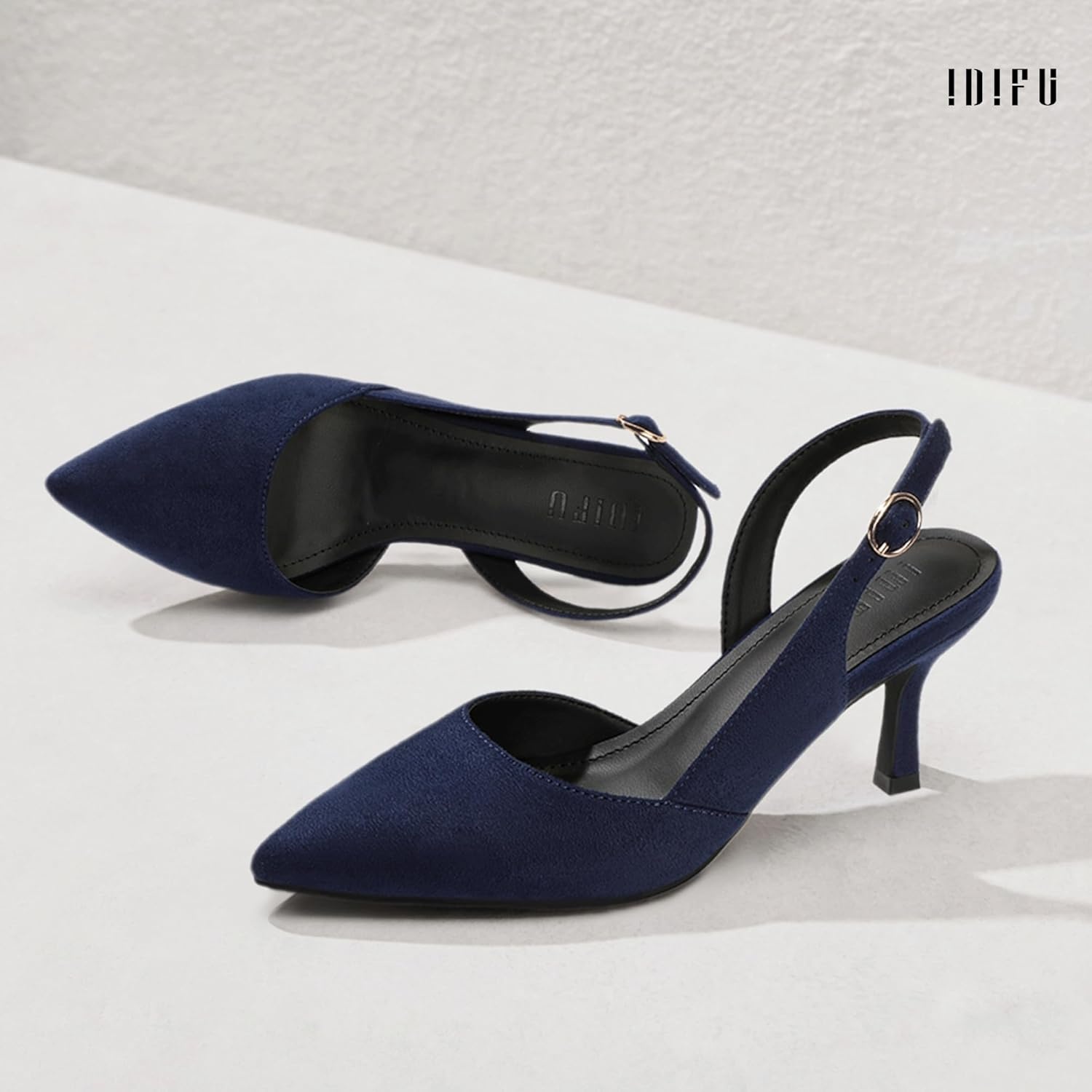 image:imageIDIFU Womens Slingback Kitten Heels Low DOrsay Pumps Closed Pointed Toe Shoes Comfy Dress Wedding Party Evening Bridal 3 Inch HeelsNavy Suede