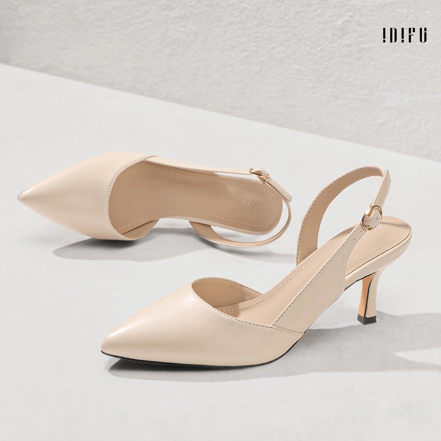 image:imageIDIFU Womens Slingback Kitten Heels Low DOrsay Pumps Closed Pointed Toe Shoes Comfy Dress Wedding Party Evening Bridal 3 Inch HeelsNude Pu