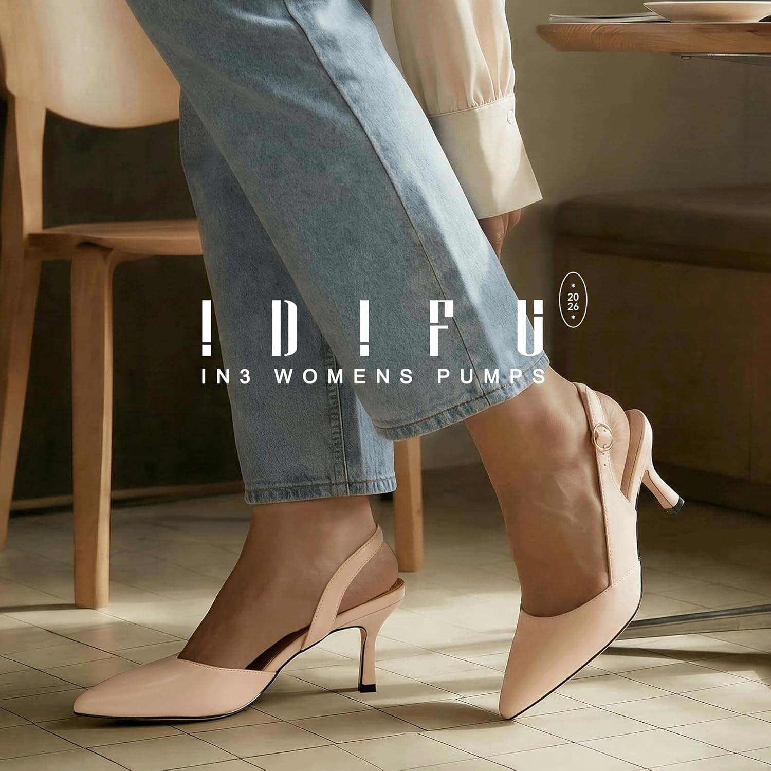 image:imageIDIFU Womens Slingback Kitten Heels Low DOrsay Pumps Closed Pointed Toe Shoes Comfy Dress Wedding Party Evening Bridal 3 Inch HeelsNude Pu