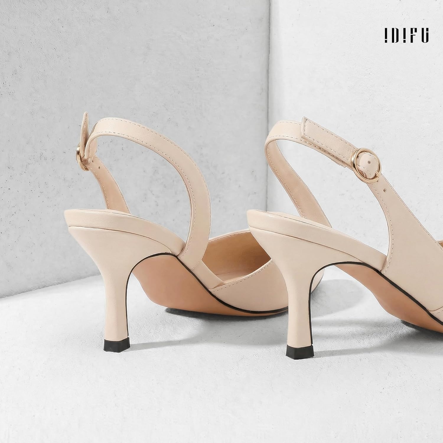 image:imageIDIFU Womens Slingback Kitten Heels Low DOrsay Pumps Closed Pointed Toe Shoes Comfy Dress Wedding Party Evening Bridal 3 Inch HeelsNude Pu