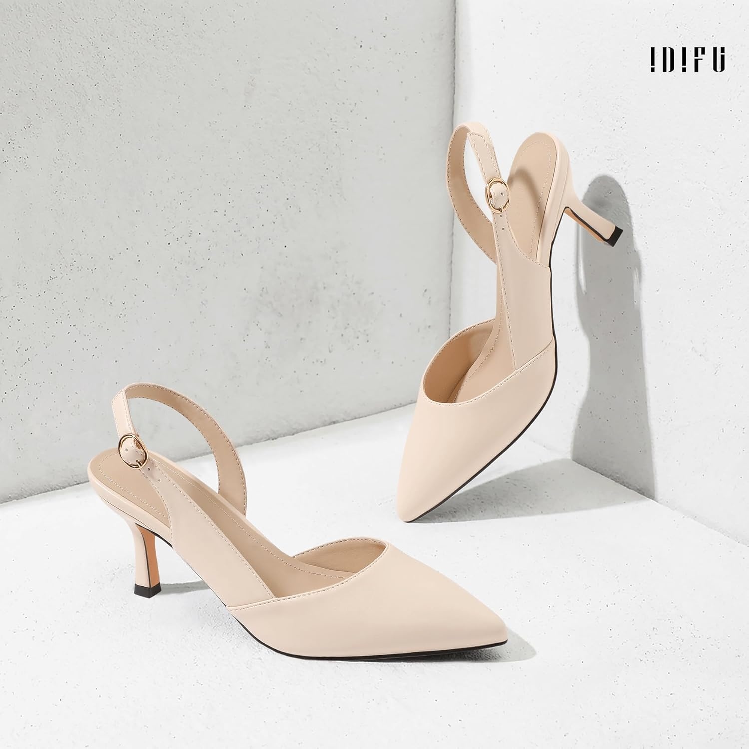 image:imageIDIFU Womens Slingback Kitten Heels Low DOrsay Pumps Closed Pointed Toe Shoes Comfy Dress Wedding Party Evening Bridal 3 Inch HeelsNude Pu