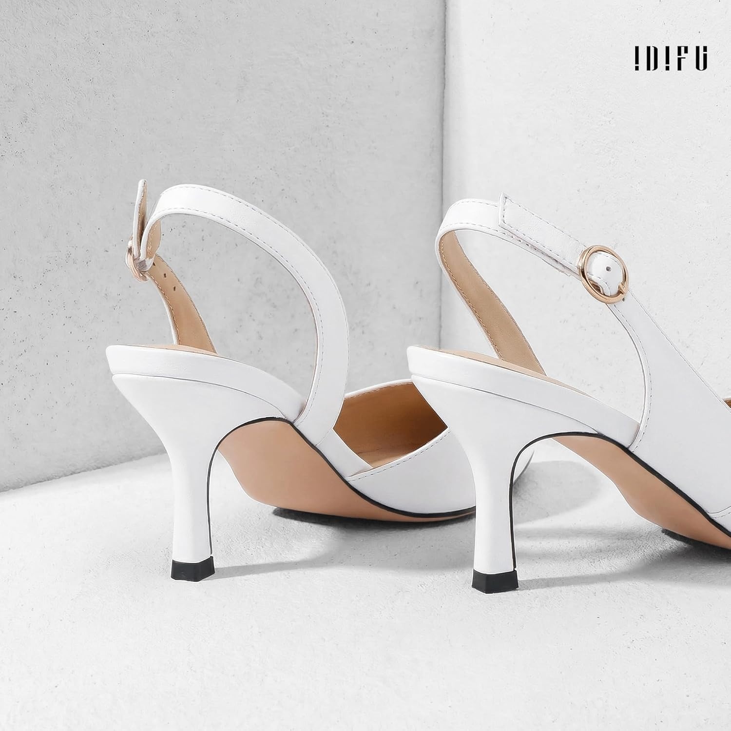 image:imageIDIFU Womens Slingback Kitten Heels Low DOrsay Pumps Closed Pointed Toe Shoes Comfy Dress Wedding Party Evening Bridal 3 Inch HeelsWhite Pu