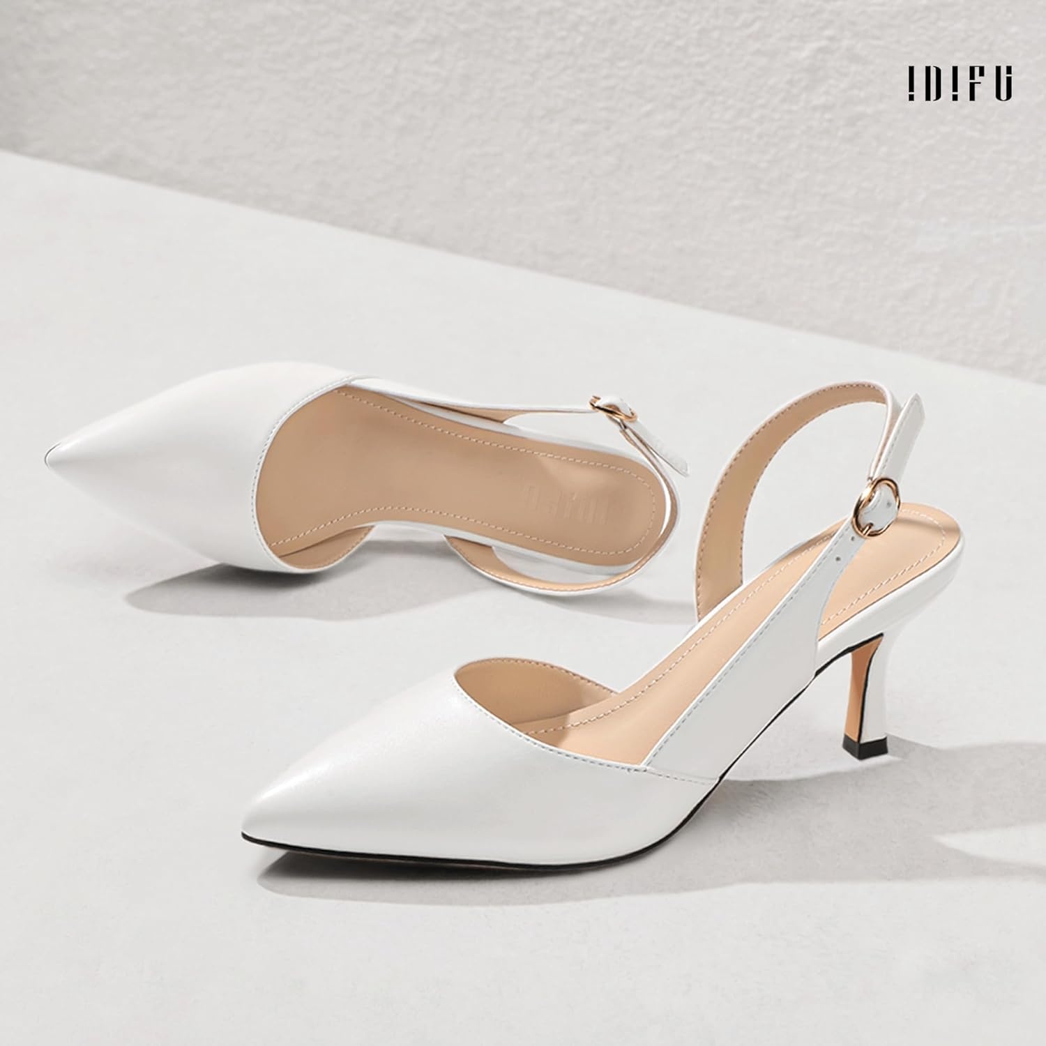image:imageIDIFU Womens Slingback Kitten Heels Low DOrsay Pumps Closed Pointed Toe Shoes Comfy Dress Wedding Party Evening Bridal 3 Inch HeelsWhite Pu