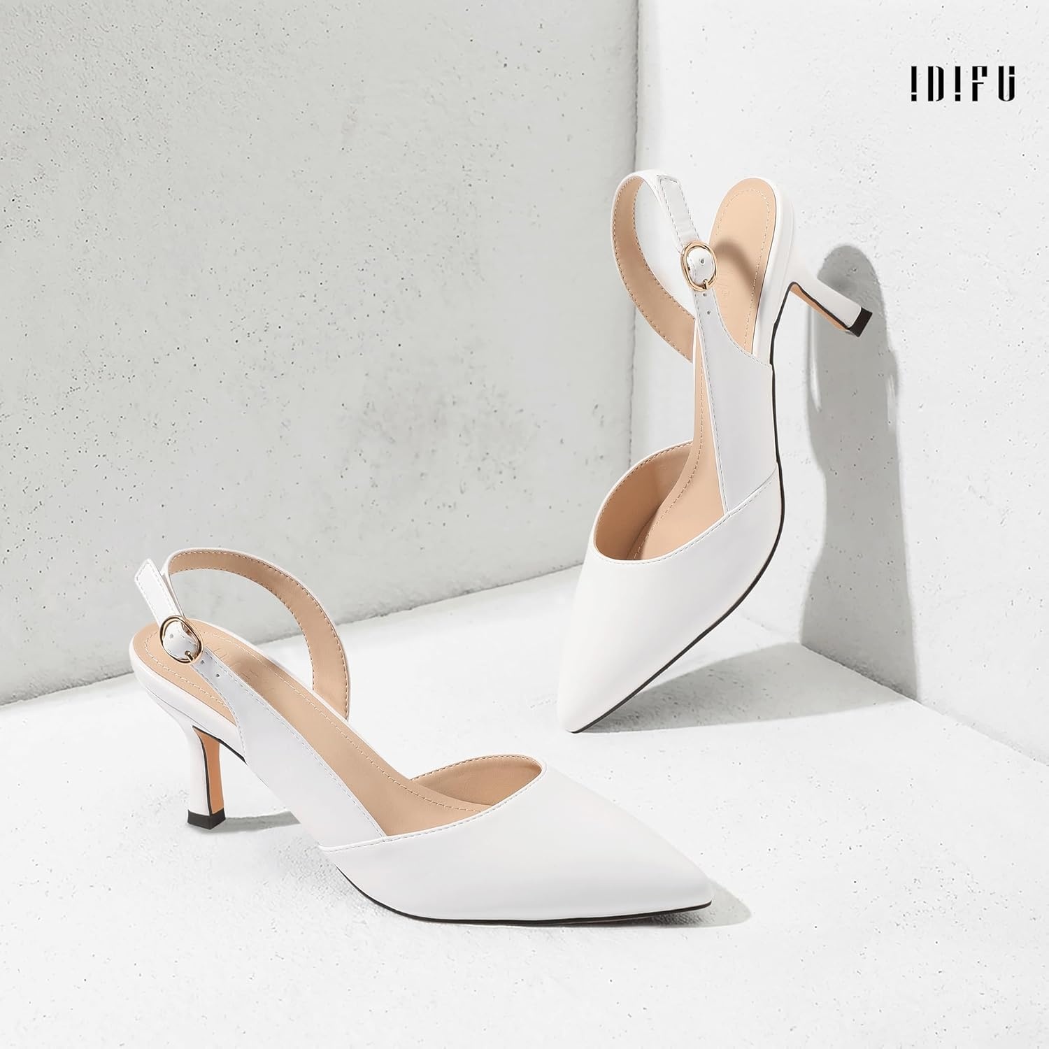 image:imageIDIFU Womens Slingback Kitten Heels Low DOrsay Pumps Closed Pointed Toe Shoes Comfy Dress Wedding Party Evening Bridal 3 Inch HeelsWhite Pu