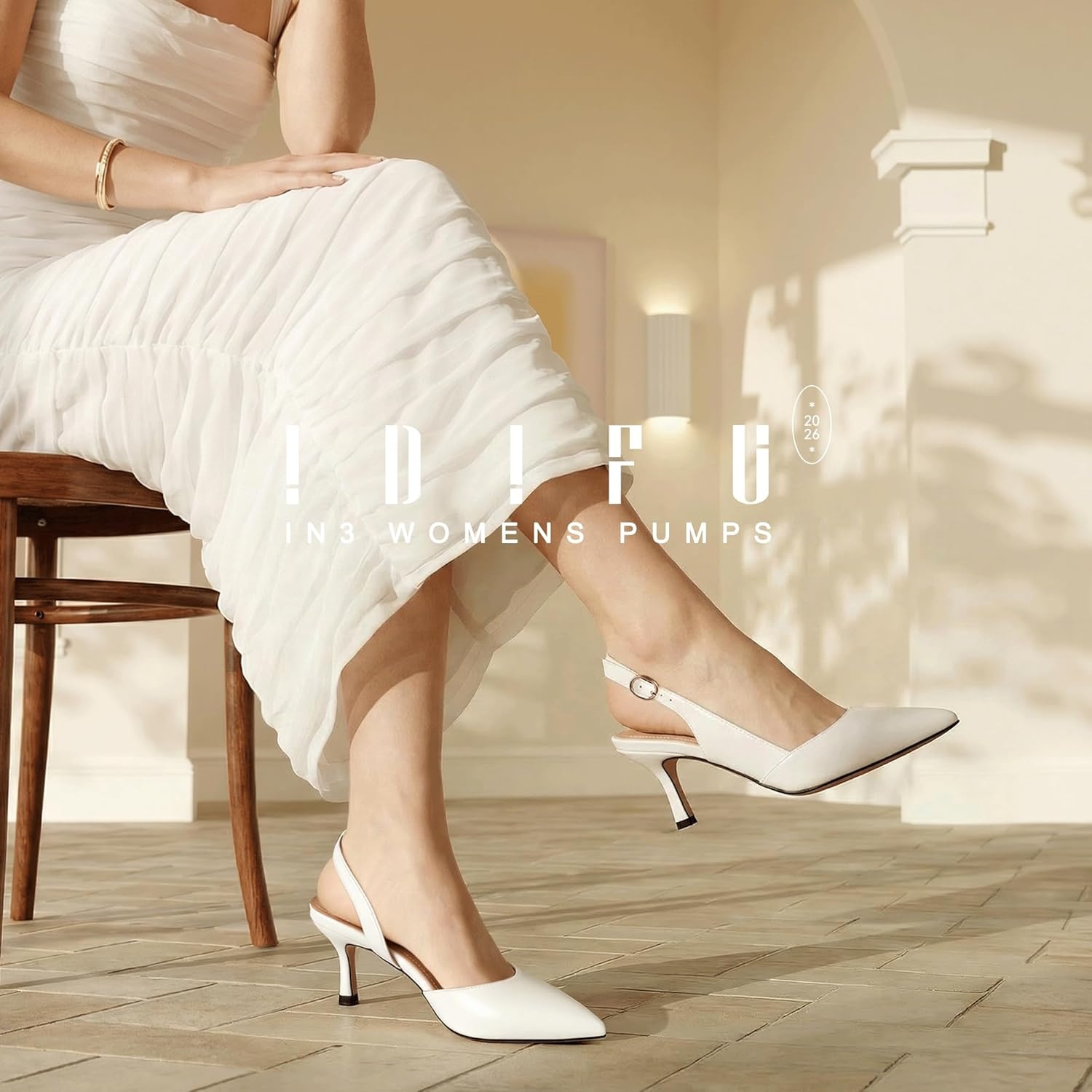 image:imageIDIFU Womens Slingback Kitten Heels Low DOrsay Pumps Closed Pointed Toe Shoes Comfy Dress Wedding Party Evening Bridal 3 Inch HeelsWhite Pu