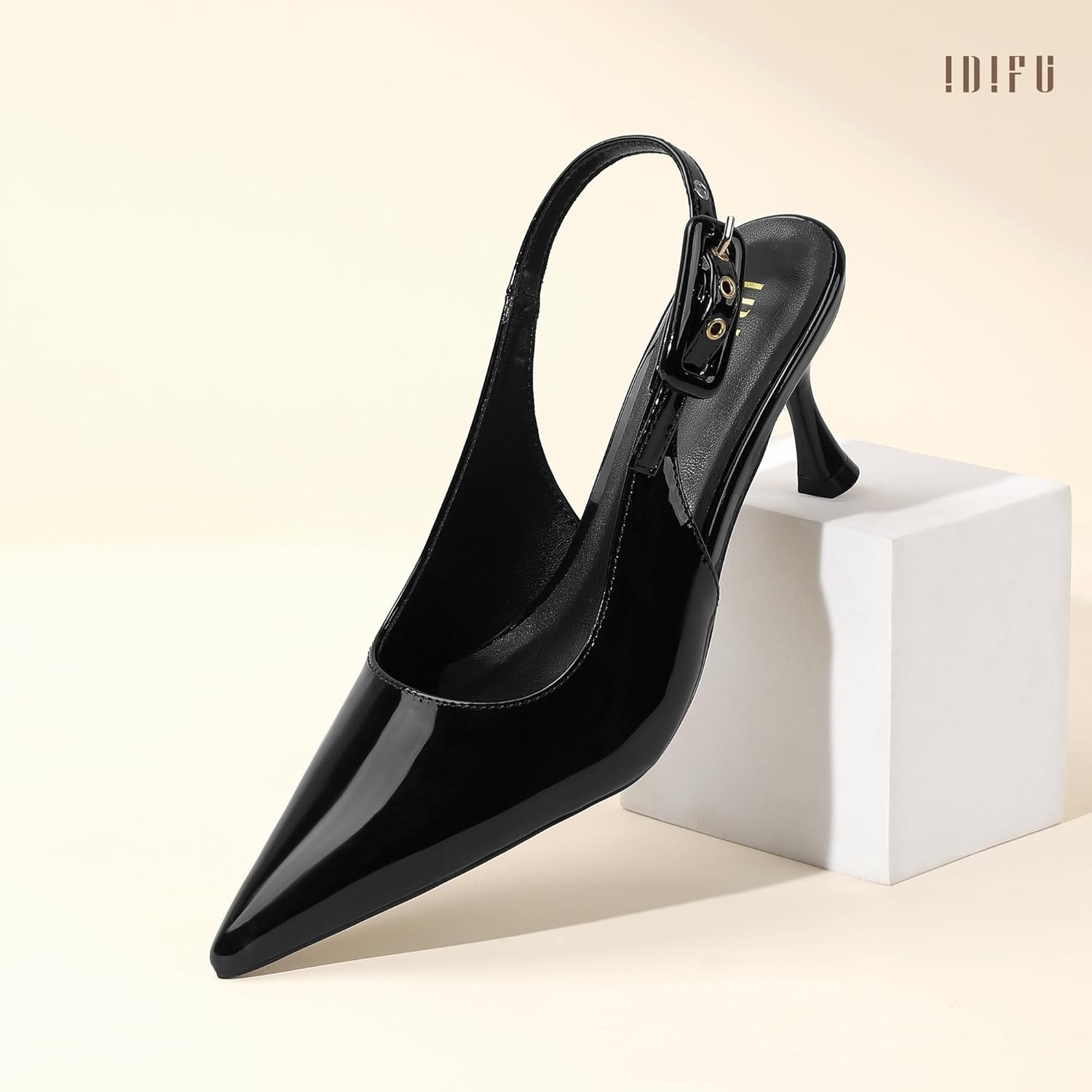 image:imageIDIFU Womens Slingback Kitten Heels Pointed Closed Toe Heeled Pumps Stiletto Low Heel Dress Pumps Shoes Buckle Strap Comfort Bridal Wedding Work Party Prom Formal HeelsBlack Patent