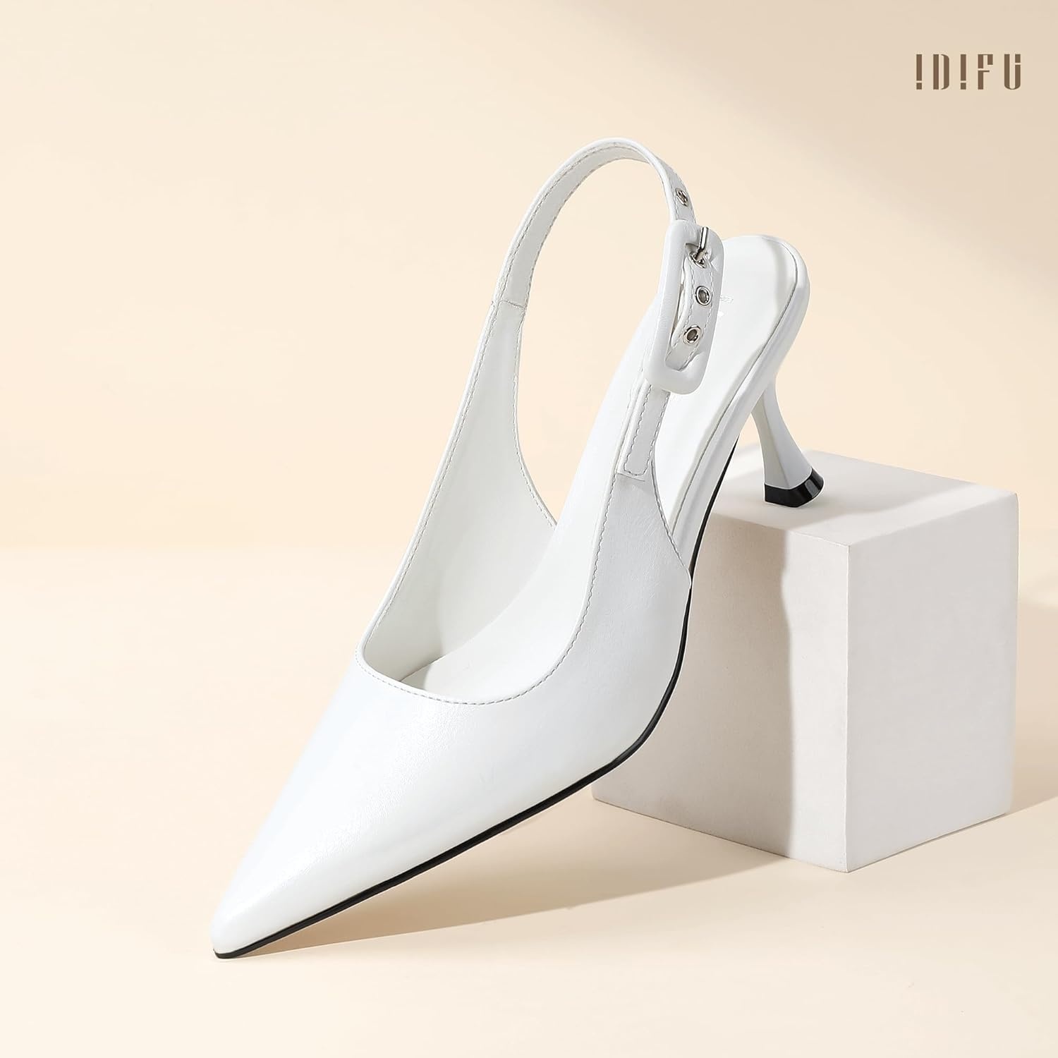 image:imageIDIFU Womens Slingback Kitten Heels Pointed Closed Toe Heeled Pumps Stiletto Low Heel Dress Pumps Shoes Buckle Strap Comfort Bridal Wedding Work Party Prom Formal HeelsWhite Pu