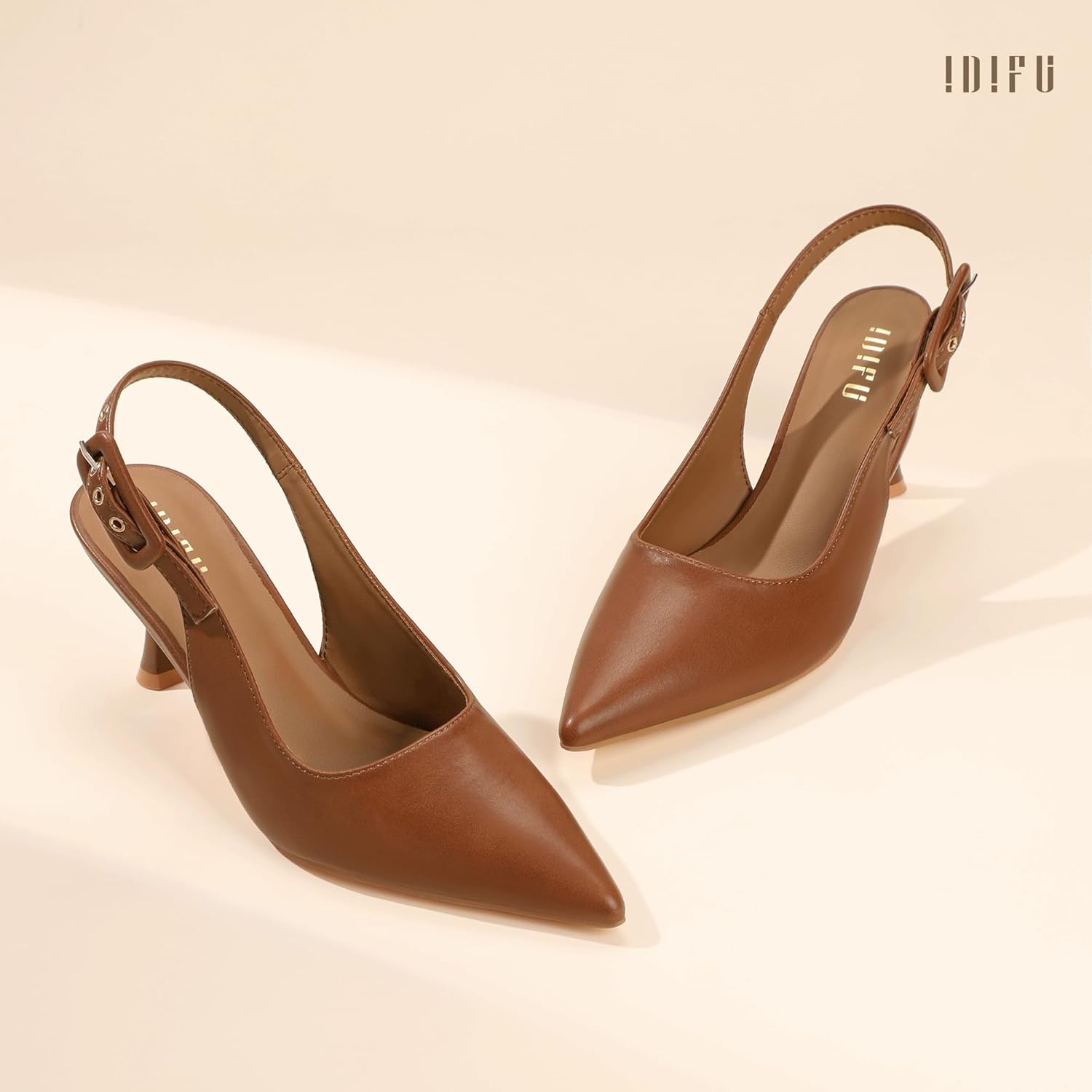 image:imageIDIFU Womens Slingback Kitten Heels Pointed Closed Toe Heeled Pumps Stiletto Low Heel Dress Pumps Shoes Buckle Strap Comfort Bridal Wedding Work Party Prom Formal HeelsBrown Pu