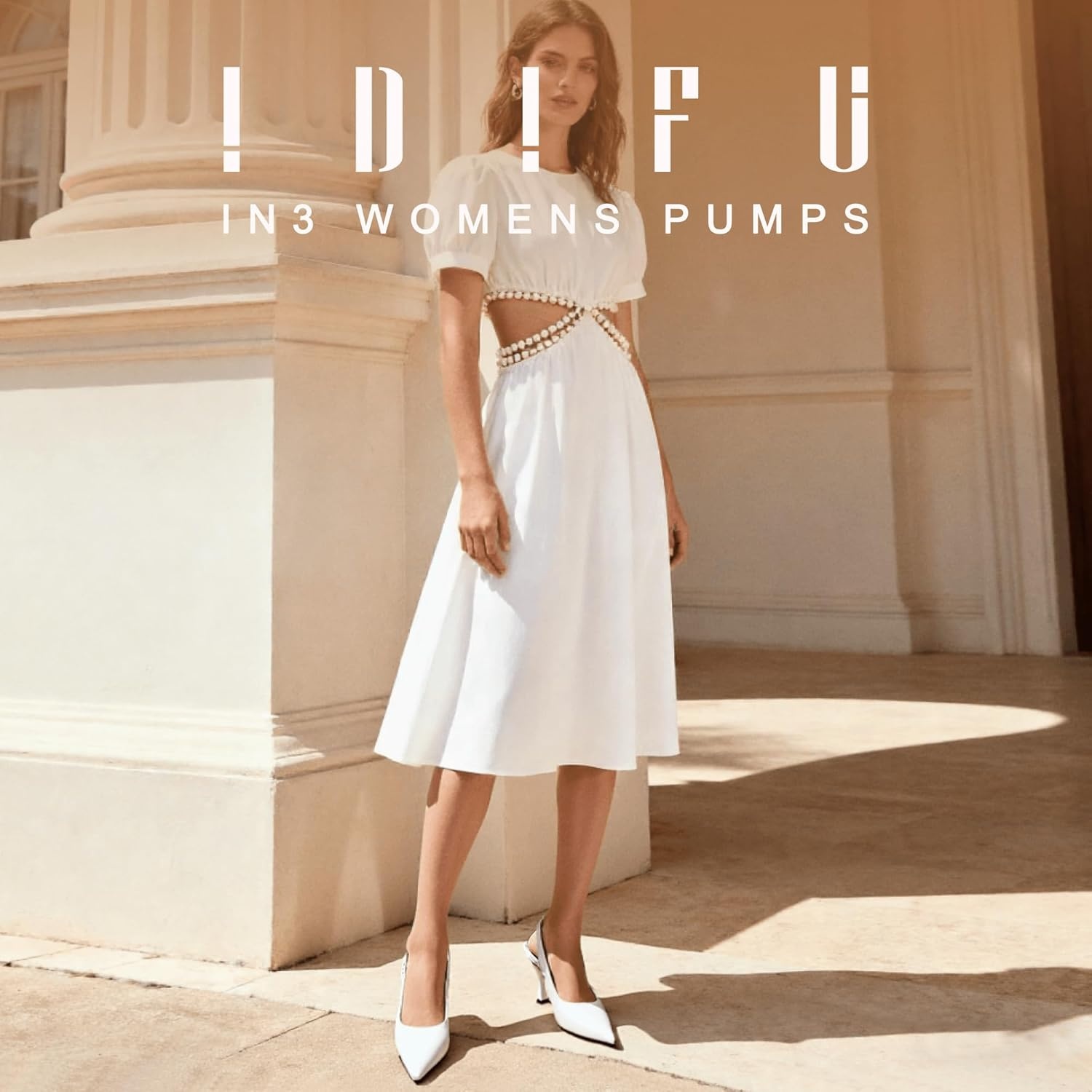 image:imageIDIFU Womens Slingback Kitten Heels Pointed Closed Toe Heeled Pumps Stiletto Low Heel Dress Pumps Shoes Buckle Strap Comfort Bridal Wedding Work Party Prom Formal HeelsWhite Pu