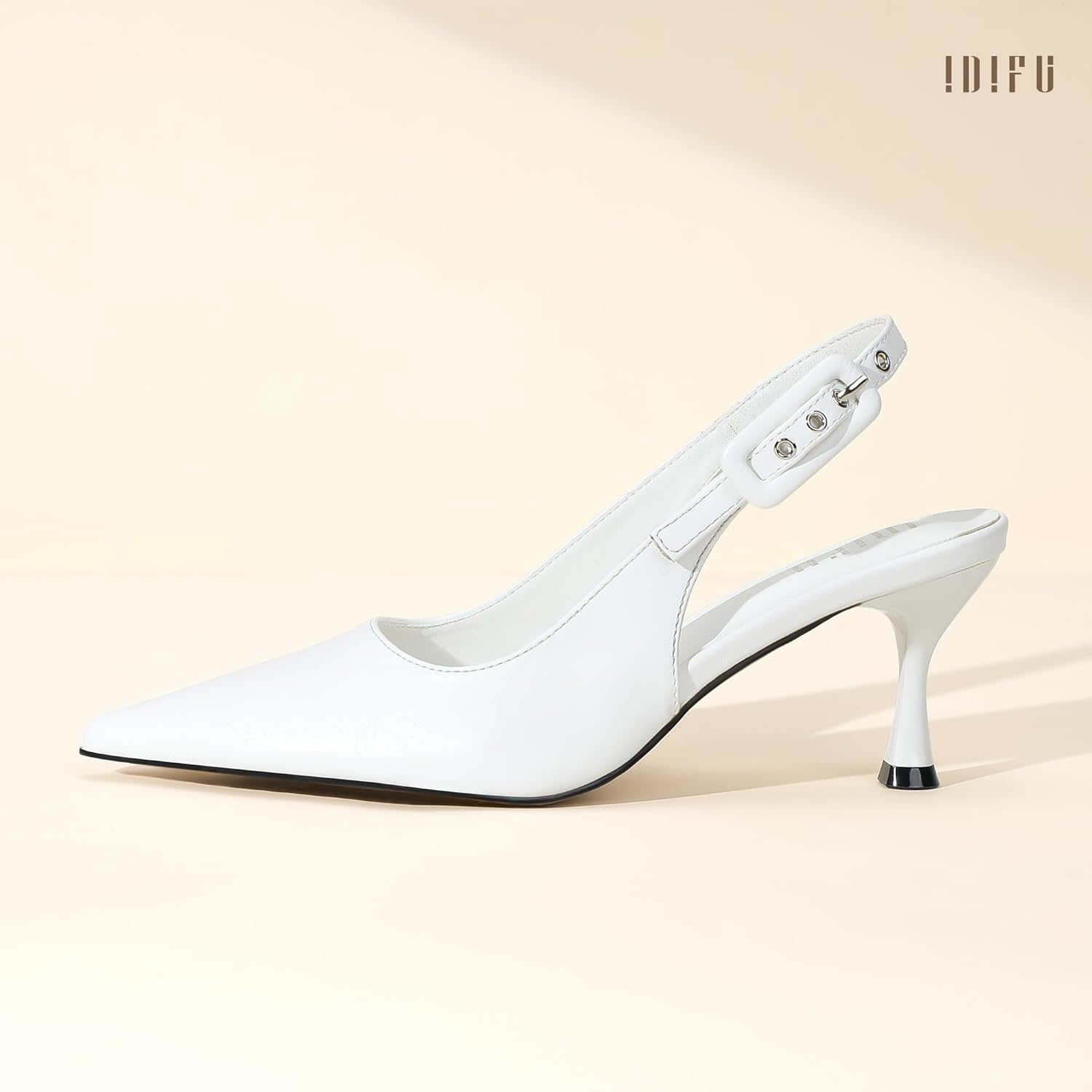 image:imageIDIFU Womens Slingback Kitten Heels Pointed Closed Toe Heeled Pumps Stiletto Low Heel Dress Pumps Shoes Buckle Strap Comfort Bridal Wedding Work Party Prom Formal HeelsWhite Pu