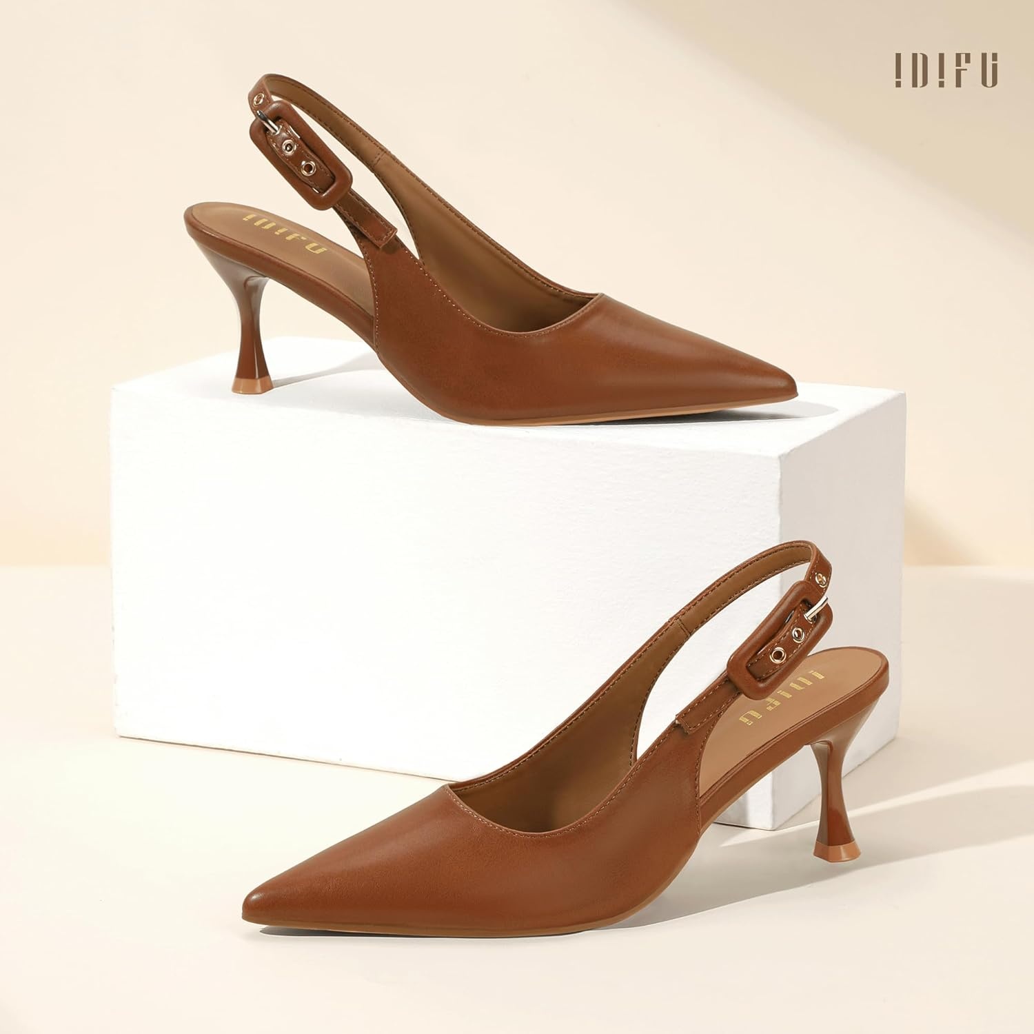 image:imageIDIFU Womens Slingback Kitten Heels Pointed Closed Toe Heeled Pumps Stiletto Low Heel Dress Pumps Shoes Buckle Strap Comfort Bridal Wedding Work Party Prom Formal HeelsBrown Pu
