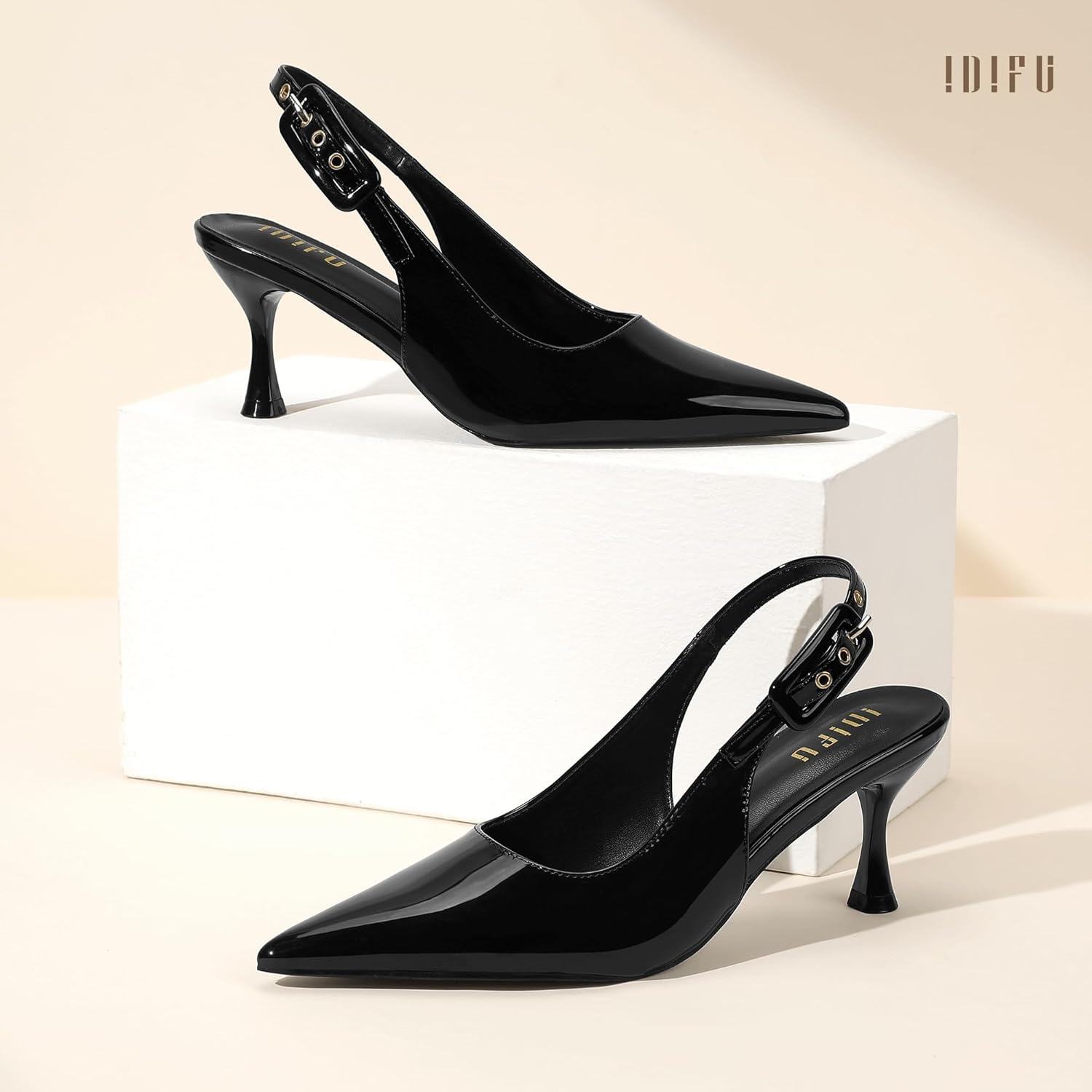 image:imageIDIFU Womens Slingback Kitten Heels Pointed Closed Toe Heeled Pumps Stiletto Low Heel Dress Pumps Shoes Buckle Strap Comfort Bridal Wedding Work Party Prom Formal HeelsBlack Patent