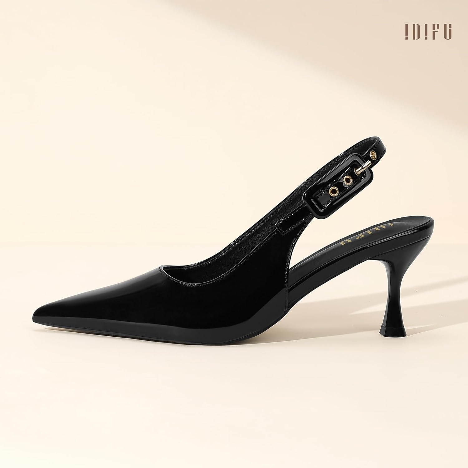 image:imageIDIFU Womens Slingback Kitten Heels Pointed Closed Toe Heeled Pumps Stiletto Low Heel Dress Pumps Shoes Buckle Strap Comfort Bridal Wedding Work Party Prom Formal HeelsBlack Patent