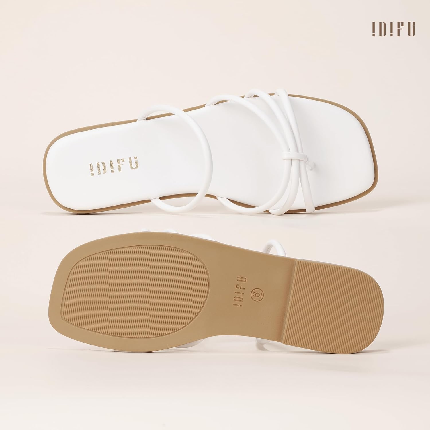 image:imageIDIFU Womens Strappy Flat Sandals Square Open Toe Slide Sandals Slip On Slingback Dress Sandals Summer Casual Work Wedding Ladies Sandals Comfortable Dressy Trendy Formal SandalsWhite Pu