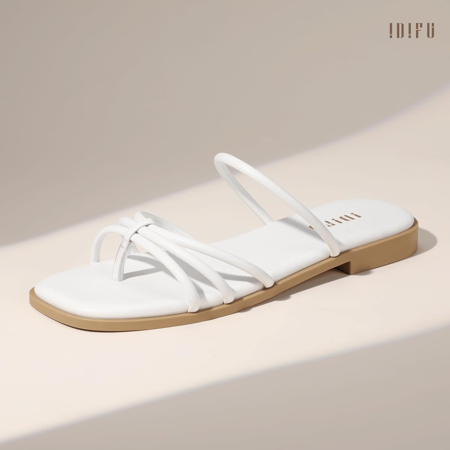 image:imageIDIFU Womens Strappy Flat Sandals Square Open Toe Slide Sandals Slip On Slingback Dress Sandals Summer Casual Work Wedding Ladies Sandals Comfortable Dressy Trendy Formal SandalsWhite Pu