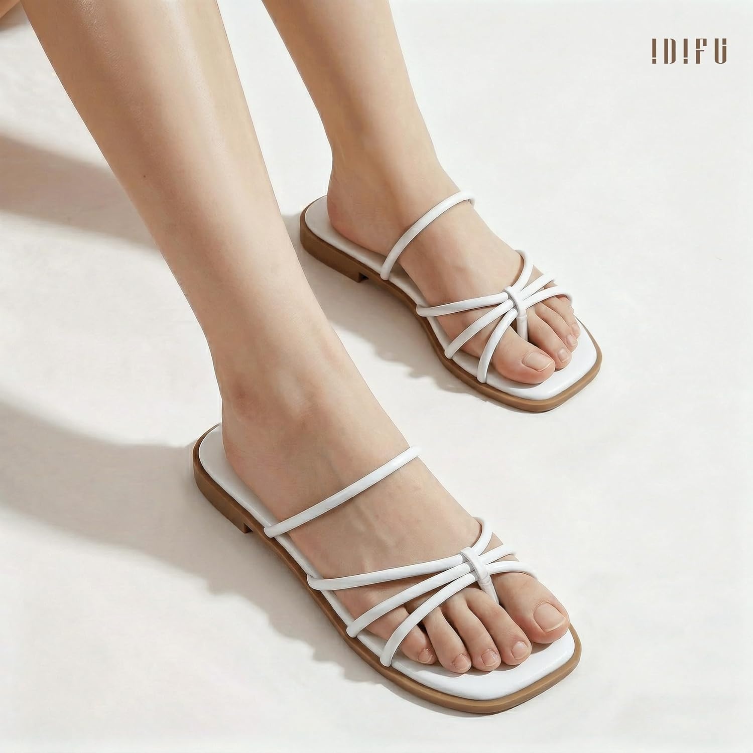 image:imageIDIFU Womens Strappy Flat Sandals Square Open Toe Slide Sandals Slip On Slingback Dress Sandals Summer Casual Work Wedding Ladies Sandals Comfortable Dressy Trendy Formal SandalsWhite Pu