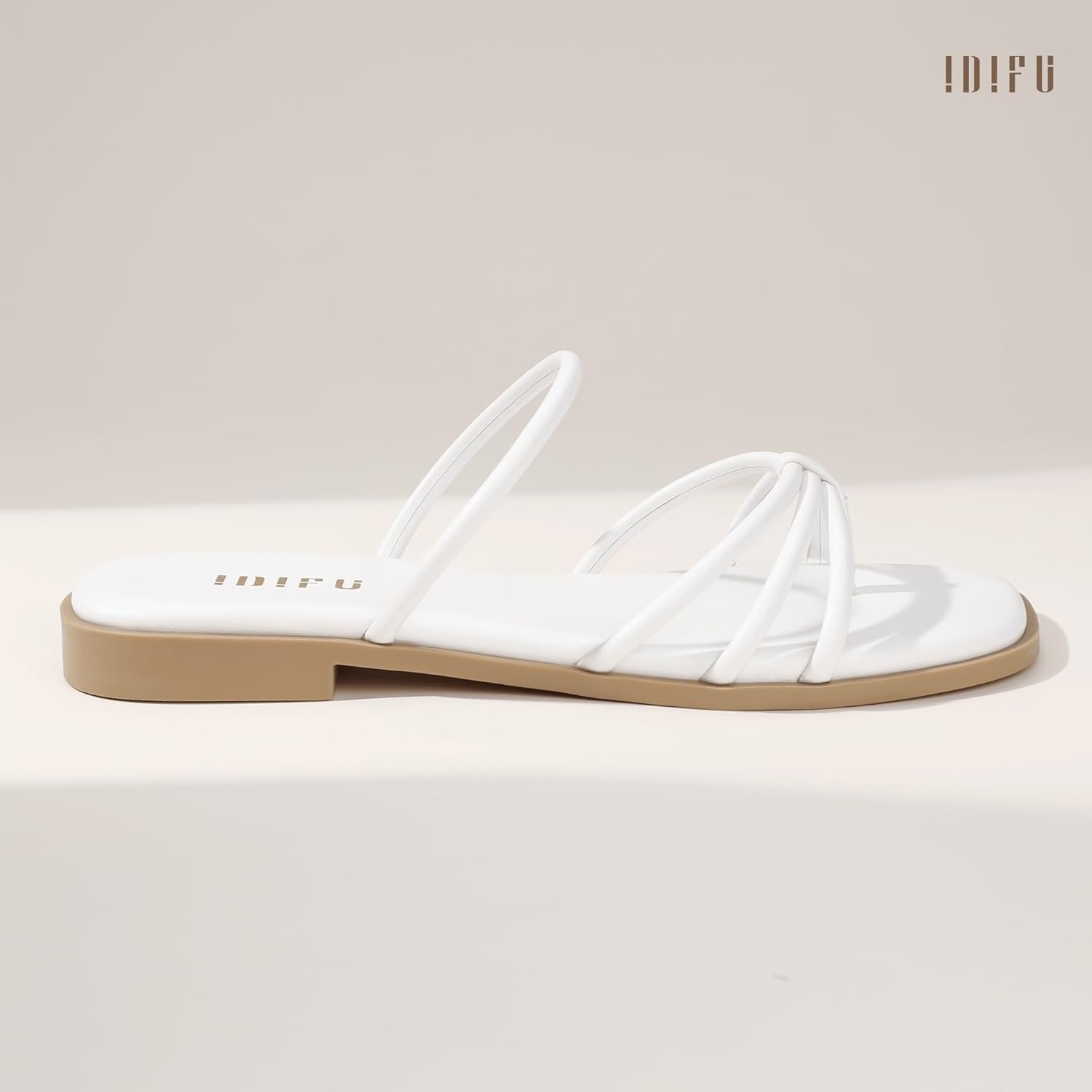 image:imageIDIFU Womens Strappy Flat Sandals Square Open Toe Slide Sandals Slip On Slingback Dress Sandals Summer Casual Work Wedding Ladies Sandals Comfortable Dressy Trendy Formal SandalsWhite Pu