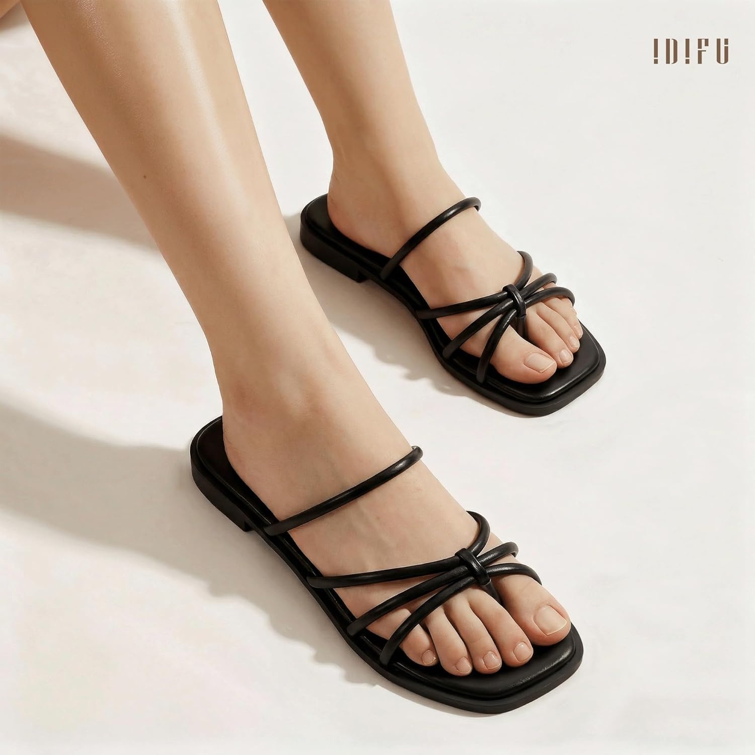 image:imageIDIFU Womens Strappy Flat Sandals Square Open Toe Slide Sandals Slip On Slingback Dress Sandals Summer Casual Work Wedding Ladies Sandals Comfortable Dressy Trendy Formal SandalsBlack Pu