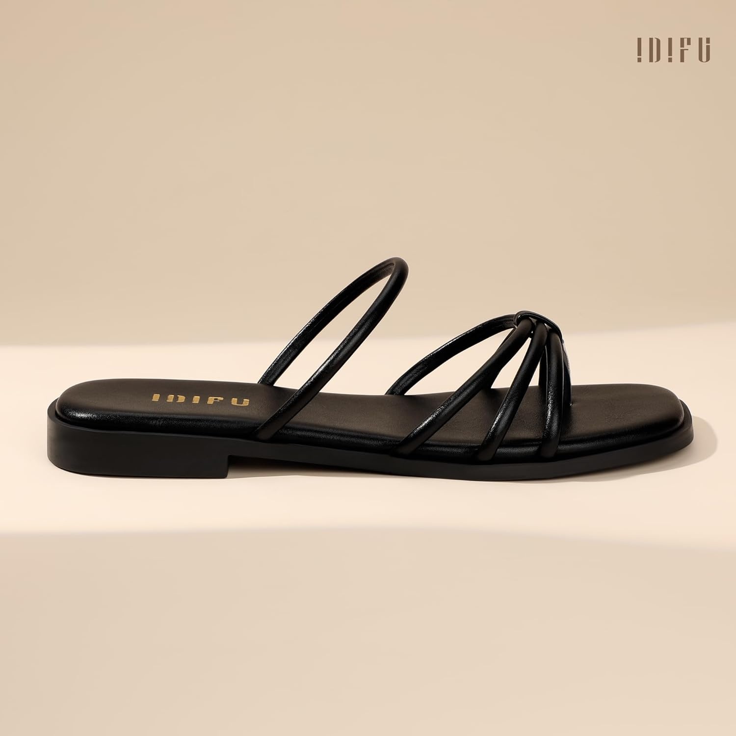 image:imageIDIFU Womens Strappy Flat Sandals Square Open Toe Slide Sandals Slip On Slingback Dress Sandals Summer Casual Work Wedding Ladies Sandals Comfortable Dressy Trendy Formal SandalsBlack Pu