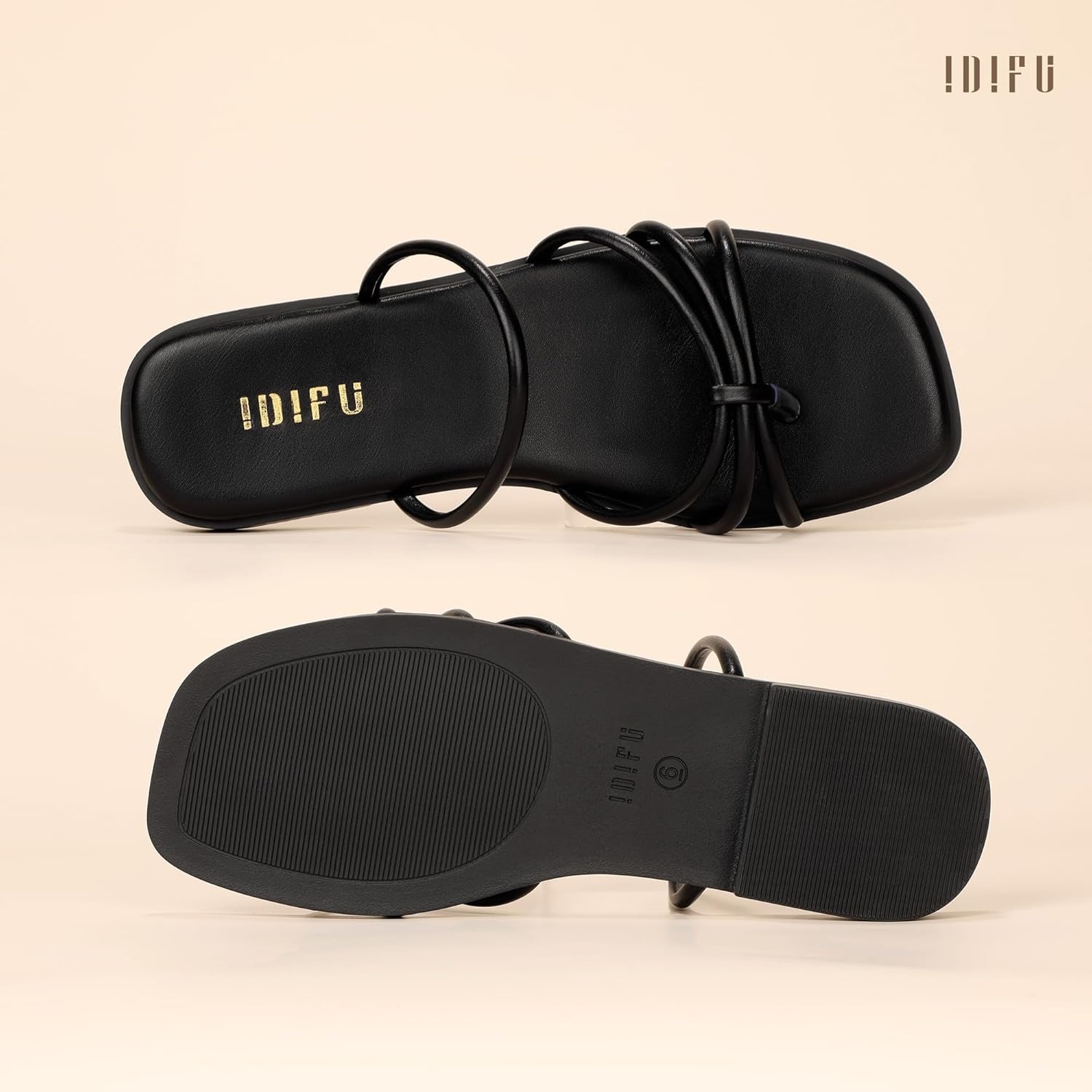 image:imageIDIFU Womens Strappy Flat Sandals Square Open Toe Slide Sandals Slip On Slingback Dress Sandals Summer Casual Work Wedding Ladies Sandals Comfortable Dressy Trendy Formal SandalsBlack Pu
