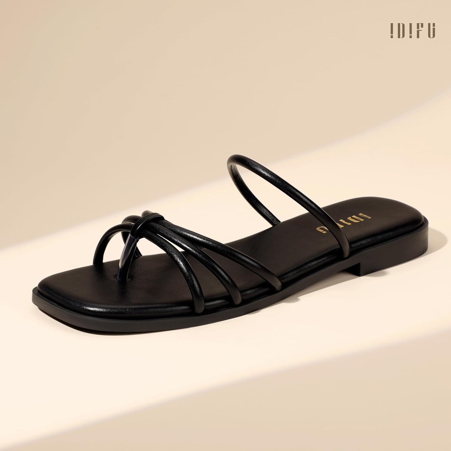 image:imageIDIFU Womens Strappy Flat Sandals Square Open Toe Slide Sandals Slip On Slingback Dress Sandals Summer Casual Work Wedding Ladies Sandals Comfortable Dressy Trendy Formal SandalsBlack Pu