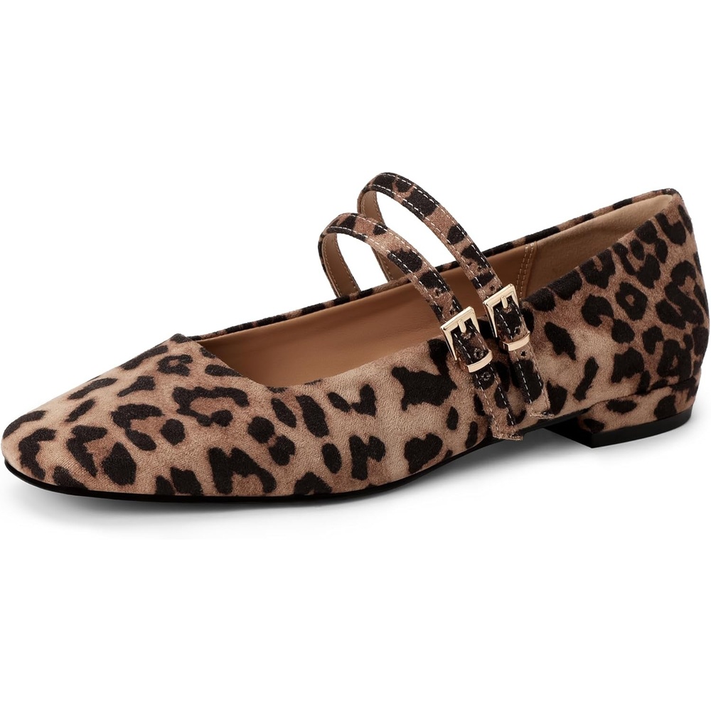 image:imageIDIFU Ballet Flats Square Toe Mary Jane Flat Shoes for Women Double Strap Closed Toe Ballerina Flat Dress Shoes Comfortable Casual Formal Work Office Business Cute Fashion Dressy FlatsLeopard Suede